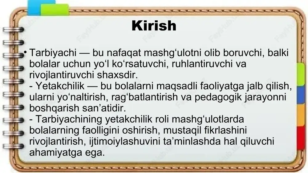 giga bevosita ta’sir qiladi. - tarbiyachi o‘z ustida ishlashi, yangi metodlarni o‘rganishi, zamonaviy texnologiyalarni qo‘llashi kerak. xulosa tarbiyachining yetakchi roli — bu faqat boshqaruv emas, balki ilhomlantirish, yo‘naltirish, qo‘llab-quvvatlashdir. - har bir mashg‘ulotda tarbiyachi bolalarning rivojlanishiga xizmat qiluvchi muhit yaratadi. - yetakchi tarbiyachi — bu bolalar uchun nafaqat bilim manbai, balki mehr, ishonch va ilhom timsolidir. image1.jpeg image2.jpeg image3.jpeg image4.jpeg image5.jpeg image6.jpeg /docprops/thumbnail.jpeg