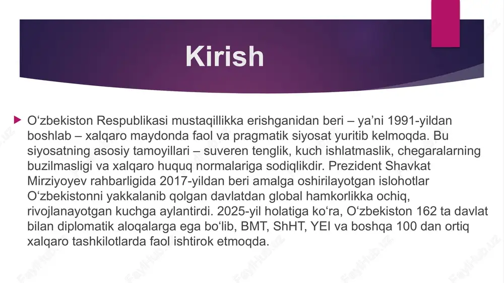 ol oʻzbekiston global iqtisodiyotda tranzit va energiya markazi sifatida oʻrganmoqda. 2025-yilda ye bilan savdo 54 milliard yevroga yetdi, markaziy koridor (transkaspiy) orqali yuk tashish 4 baravar oshdi. tashqi qarz siyosati oqilona: xalqaro institutlardan jalb etilgan mablagʻlar islohotlarni qoʻllab-quvvatlamoqda. - transport va energiya loyihalari: titr (transahon oʻrta koridor) investitsiya forumi 2025-yilda toshkentda oʻtkaziladi. yashil energiya koridorlari orqali yevropaga toza energiya yetkazib berish rejalashtirilmoqda. xulosa oʻzbekiston va jahon aloqalari – bu tinchlik, taraqqiyot va farovonlik yoʻlida qurilgan koʻpriklar. 2025-yil prezident mirziyoyevning bmtdagi nutqi aytganidek, markaziy osiyo "jahon siyosatida mustaqil aktyor"ga aylanmoqda. kelajakda savdo, xavfsizlik va barqaror rivojlanish boʻyicha hamkorlik yanada chuqurlashadi. oʻzbekiston nafaqat mintaqaviy, balki global miqyosda masʼuliyatli sherik sifatida namoyon boʻlmoqda. image1.jpeg image2.jpeg image3.jpeg image4.jpeg image5.jpeg image6.jpeg /docprops/thumbnail.jpeg