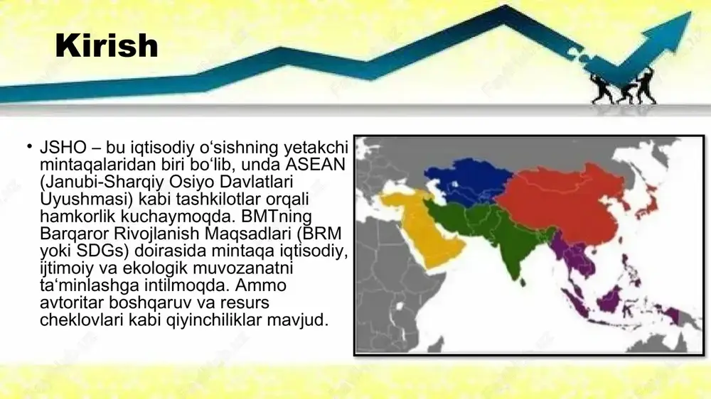mmo amalga oshirish zaif. - iqtisodiy notekislik: pandemiya ortidan qashshoqlik oshdi; mintaqa yaim o‘sishi 4-5%, ammo gender va yosh farqi katta. - mintaqaviy hamkorlik: suv va energiya bahslar (mekong daryosi) – asean orqali hal qilinmoqda, ammo siyosiy farqlar to‘sqinlik qilmoqda. yutuqlar va misollar - singapur va malayziya: yashil shaharlar – singapurda qayta tiklanadigan energiya 10%dan oshgan (sdg7). - vyetnam: 1991-2017 yillarda iqtisodiy o‘sish 7% yillik; oziq-ovqat eksporti yetakchi. - aseanning rollari: 2022-yilgi sammitda brmga 1 trillion dollar sarmoya jalb qilindi. mintaqa global brmga hissa qo‘shmoqda – osiyo-tinch okeani sdg9da yetakchi. - xalqaro qo‘llab-quvvatlash: adb va yevropa ittifoqi orqali 200 million yevro yashil loyihalarga. image1.jpeg image2.jpeg image3.jpeg image4.jpeg image5.jpeg image6.jpeg image7.jpeg image8.jpeg image9.jpeg /docprops/thumbnail.jpeg