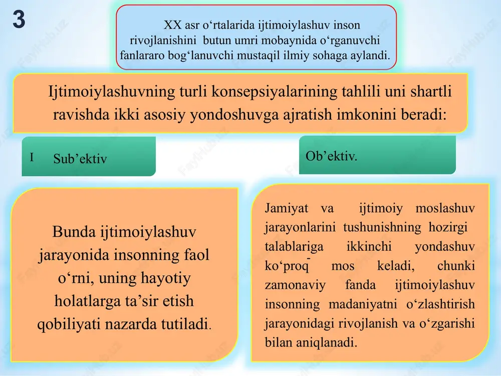 ariativligi tamoyili. ijtimoiy tarbiyaning jamoaviyligi tamoyili. tarbiyaning davomiyligi tamoyili. 10 tarbiyaning insonparvarlik tamoyili. tarbiyani insonparvarlashtirish zarurati haqidagi gʼoya dastlab chex pedagogi yan amos kamenskiyning asarlarida yaqqol ifodasini topgan. jan jak russo va rus pedagogi l.tolstoyning erkin tarbiya nazariyalarida, insonparvarlik psixologiyasida va insonparvarlik pedagogikasida oʼz aksini topgan. demak, bola faqat buyruqlarni bajaruvchi emas, balki o‘z hayoti, xulqi va qarorlariga javob bera oladigan shaxs sifatida ko‘riladi. 11 bu tamoyil qanday foyda beradi? bola ijobiy qadriyatlarni o‘zlashtiradi masalan, agar tarbiyachi bolaga mehribonlik, do‘stlik, yordam berish qadriyatlarini tushuntirsa va o‘zi ham amalda ko‘rsatsa, bola ham shunga ergashadi. aks holda, e’tiborsiz yoki qo‘pol muhitda ulg‘aygan bola salbiy odatlarni o‘zlashtirishi mumkin. bola o‘zini mustaqil shaxs sifatida his qiladi masalan, tarbiyachi: “sen o‘zing qaror qil, bu rasmni qaysi rang bilan bo‘yaysan” desa, bola mustaqil fikrlashni o‘rganadi. xavflardan himoya qiladi masalan, o‘smir bola ijobiy guruhda bo‘lsa – sport, san’at to‘garaklarida qatnashsa – u ko‘chadagi salbiy odatlardan (ichimlik, urush-janjal) …