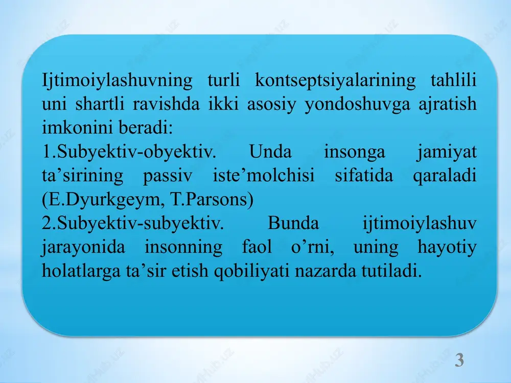 iy tizimlari kabi madaniy xususiyatlarini o‘rganadigan fan. etnografiyaning vazifasi – madaniyatlar xilma-xilligini hujjatlashtirish, tahlil qilish va ularning jamiyatdagi rolini tushunishdir. misol: o‘zbek xalqining mehmondo‘stligi, to‘y marosimlari yoki milliy taomlar – bular etnografik tadqiqot obyektidir. 9 etnopsixologiya – turli etnoslarga mansub insonlarning ruhiyati, tafakkuri, qadriyatlari, hissiyotlari va xulq-atvoridagi milliy xususiyatlarni o‘rganadi. bu fan shuni o‘rganadiki, har bir millat vakilining psixologik portreti u yashayotgan madaniyatga va tarixiy sharoitlarga bog‘liq bo‘ladi. masalan: sharq xalqlarida kattalarga hurmat kuchli bo‘lsa, g‘arbda bolalar mustaqilligi ustunroq qadrlanadi. 10 etnografiya, etnopsixologiya va ijtimoiy pedagogika. etnografiya xalqlarning maishiy va madaniy xususiyatlarini o‘rganadi. etnopsixologiya insonlar ruhiyatining etnik xususiyatlari, milliy xarakteri, milliy o‘z-o‘zini anglashning shakllanish qonuniyatlari, etnik steriotiplarni o‘rganuvchi bilim sohasidir. ijtimoiy psixologiya va etnopsixologiya inson hayotining yosh davrlarga bo‘linishi, etnik xususiyatlari haqidagi ma’lumotlar, etnosda ma’lum yoshdagi yoki jinsdagi insonlarning tutgan o‘rnini belgilovchi omillar, ijtimoiylashuvda tarbiyaning etnik xususiyatlari va qonuniyatlarini o‘rganadi. ijtimoiy tarbiya nazariyasini ishlab chiqishda etnografiya va etnopsixologiya ma’lumotlari ham …