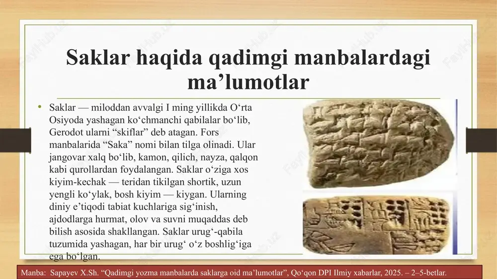 t tayyorlash, uy-joy bezagi bilan bog‘liq faoliyatda muhim rol o‘ynagan. nikoh marosimlari, chilla, tug‘ilish bilan bog‘liq urf-odatlar qadimdan mavjud bo‘lgan. oilaviy hayotda erkaklar boshliq bo‘lsa-da, ayollar ma’naviy tarbiya va uy ichki muhitini boshqargan. manba: “qadimgi so‘g‘d sivilizatsiyasi”, samarqand davlat universiteti, tarix fakulteti kurs ishi, 2022. – 9–12-betlar. diniy e’tiqod va marosimlar qadimgi manbalarda oʻzbekiston hududida zardushtiylik, buddaviylik, xristianlik va islom dini tarqalganligi qayd etiladi. zardushtiylikda olov, suv, yer muqaddas sanalgan. so‘g‘diylar va xorazmiylar zardushtiylikka e’tiqod qilgan, marosimlarda olovga sig‘inish, ajdodlarga hurmat, duo qilish muhim o‘rin tutgan. buddaviylik asosan baqtriya va surxondaryo hududlarida tarqalgan. islom dini vii–viii asrlarda arab istilolari bilan kirib kelgan. arab manbalarida yangi diniy marosimlar — janoza, hayit, juma namozi — paydo bo‘lganligi tasvirlanadi. diniy e’tiqod xalq urf-odatlari bilan uyg‘unlashgan. manba: sapayev x.sh. “qadimgi yozma manbalarda saklarga oid ma’lumotlar”, qo‘qon dpi ilmiy xabarlar, 2025. – 5–8-betlar. hunarmandchilik va mehnat faoliyati qadimgi manbalarda kulolchilik, zargarlik, ipakchilik, temirchilik, dehqonchilik faoliyatlari …