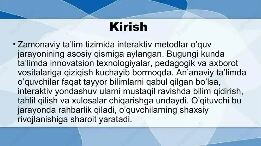 arni modellashtirish. misollar va qoʼllash usullari - laboratoriya ishlar: oʼquvchilar mustaqil eksperimentlar oʼtkazib, qonuniyatlarni tushunadi. - axborot texnologiyalari: kompyuterda simulyatsiyalar, filmlar va plakatlar orqali materialni koʼrgazmali qilish. - bahs-munozaralar: oʼquvchilar oʼz fikrlarini himoya qiladi, bu fikrlashni rivojlantiradi. misollar: fizika darsida frontal laboratoriya ishlar – oʼquvchilar guruhda eksperiment oʼtkazadi va xulosalar chiqaradi. boshlangʼich sinflarda oʼyinli topshiriqlar – bolalarni faollashtirish uchun. anʼanaviy darsdan farqli ravishda, vaqtning koʼp qismi mustaqil ish va muhokamalarga sarflanadi. qoʼllashda oʼqituvchi moderator, trener yoki fasilitator rolini bajaradi, oʼquvchilarning tayyorgarligini hisobga oladi. ta’lim jarayonida interaktiv metodlarni tatbiq etish bosqichlari 1. rejalashtirish: dars mavzusi, maqsadi, o‘quvchilarning imkoniyatlari, usul va vositalar tanlanadi. interaktiv metod bilan darsning bosqichlari belgilanadi. 2. tashkillashtirish: o‘quvchilar guruhlarga bo‘linadi, sharoit yaratiladi, zarur materiallar tayyorlanadi. 3. faoliyat bosqichi: o‘quvchilar interaktiv usul asosida topshiriqlar bajaradi — fikr almashadi, muammo yechadi, taqdimot qiladi. 4. natijani umumlashtirish va baholash: guruhlar ishini taqdim etadi, o‘qituvchi va o‘quvchilar muhokama qiladi, xulosalar chiqariladi. shuningdek, …