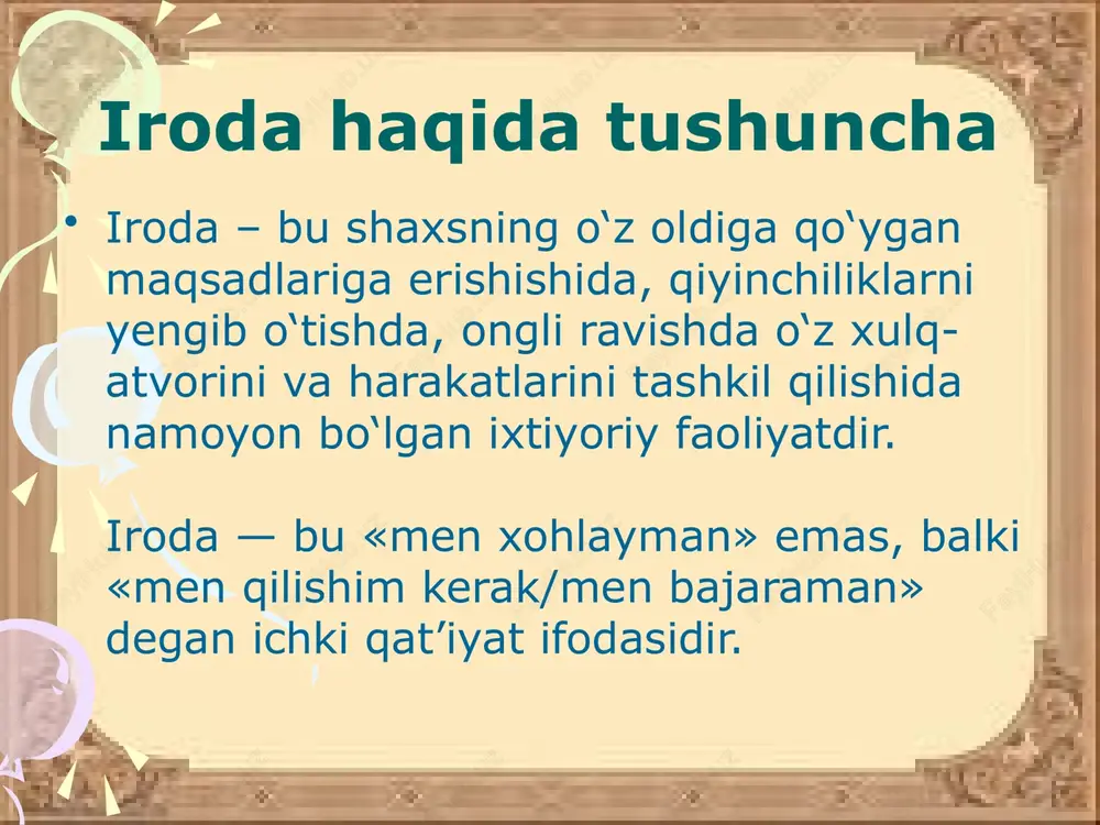 iplari va normalariga asoslanib, boshqa odamlarning xatti-harakatlariga yoki psixik xususiyatlariga ham e’tibor beradi, namoyon etadi. intellektual hislar intellektual hislar aqliy faoliyat jarayonida hosil bo`ladigan kechinmalarga aytiladi. ushbu hislar haqqoniy fikrlarga, soxta, ajablanarli, shubhali yoki tushunib bo`lmaydigan, hayratda qoldiradigan fikrlarga bo`lgan munosabatlari ifodalanadi. intellektual hislarga ajablanishini kiritish mumkin. eʼtiboringiz uchun rahmat image2.jpeg image3.jpeg image4.jpeg image5.jpeg image6.jpeg image1.jpeg /docprops/thumbnail.jpeg