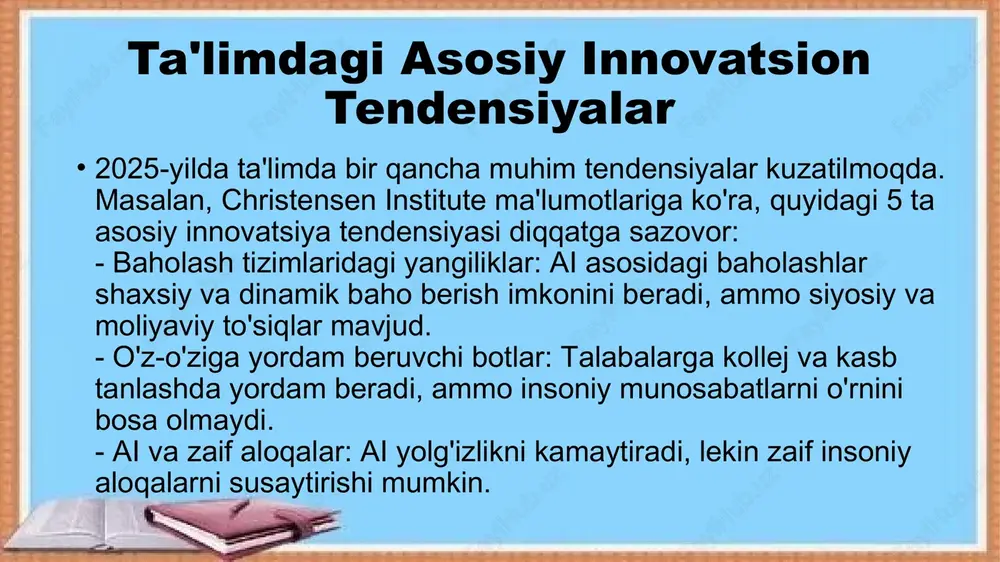 faoliyat muvaffaqiyatli bo‘lishi uchun pedagog quyidagi kompetensiyalarga ega bo‘lishi lozim: kreativ fikrlash – yangi g‘oyalar yaratish va ularni amalga oshirish qobiliyati. texnologik savodxonlik – zamonaviy axborot texnologiyalaridan foydalanish ko‘nikmalari. ilmiy izlanish olib borish – yangi pedagogik usullarni tadqiq qilish va ularni ta’lim jarayoniga tatbiq etish. ijtimoiy va psixologik bilimlar – o‘quvchilar bilan samarali muloqot qilish va ularning ehtiyojlarini tushunish. innovatsion faoliyatda duch kelinadigan muammolar pedagogning innovatsion faoliyatida bir qator muammolar ham uchraydi: an’anaviy ta’lim tizimi bilan innovatsiyalar o‘rtasidagi mos kelmaslik. o‘qituvchilarning yangi texnologiyalarni o‘zlashtirishdagi qiyinchiliklari. moliyaviy va texnik ta’minotning yetarli emasligi. o‘quvchilarning va ota-onalarning yangiliklarga tayyor emasligi. ta'limdagi innovatsion jarayonlar 2025-yilda ai, shaxsiy o'rganish va raqamli texnologiyalar orqali yangi bosqichga chiqmoqda. bu o'zgarishlar ta'limni barcha uchun qulay va samarali qiladi, ammo to'siqlar (masalan, resurslar yetishmasligi) mavjud. o'qituvchilar va rahbarlar ushbu innovatsiyalarni qo'llash orqali kelajak avlodni tayyorlashlari mumkin. xulosa image1.jpeg image2.jpeg image3.jpeg image4.jpeg image5.jpeg /docprops/thumbnail.jpeg