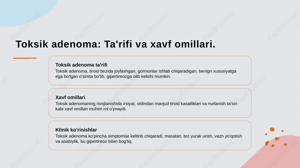 e'molini oshiradi. o'ziga xos mexanizmlar tiroksik nodul gormon ishlab chiqarish jarayonida, tiroid gormoni ishlab chiqaruvchi hujayralarning ko'payishi va faoliyati boshqariladi, bu esa gormon darajasini oshiradi. klinik ahamiyati tiroksik nodulning gormon ishlab chiqarishi, gipertireoz simptomlariga olib kelishi mumkin, bu esa yurak urishi, vazn yo'qotish va asab tizimi faoliyatini buzadi. tiroksik nodulning sog'liq uchun ta'siri va simptomlari. tiroksik nodul, shuningdek, toksik adenoma sifatida tanilgan, organizmda gormonal muvozanatni buzishi mumkin. buning natijasida gipertiroz simptomlari, masalan, tez yurak urishi, vazn yo'qotish va asabiylik paydo bo'lishi mumkin. ta'siri shaxsning umumiy sog'lig'iga salbiy ta'sir ko'rsatishi mumkin. photo by shruti mishra on unsplash toksik adenoma va gormonlar: ishlab chiqarish mexanizmlari. 1 toksik adenoma mexanizmi - toksik adenoma, tiroid glandida joylashgan benign tumordir. u o'z-o'zidan tiroid gormonlarini ishlab chiqarib, gipertireozga olib kelishi mumkin. 2 gormon ishlab chiqarish - toksik adenoma gormon ishlab chiqarish jarayoni, adenomaning o'ziga xos hujayralari orqali amalga oshiriladi, bu esa gormonlarning ortiqcha ishlab chiqarilishiga olib …