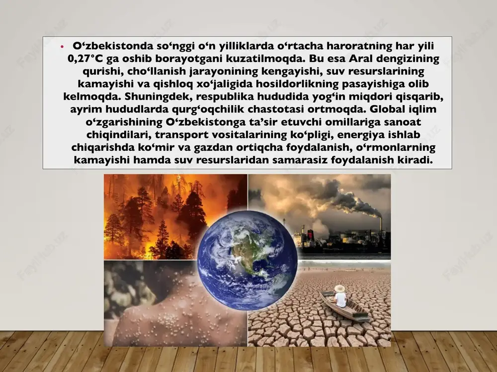 qda. havo haroratining oshishi tog‘ muzliklarining erishini tezlashtiradi, bu esa daryo oqimlarini qisqa muddatda kuchaytiradi, keyin esa suv tanqisligiga olib keladi. bundan tashqari, iqlim o‘zgarishi natijasida havodagi chang zarralari, allergenlar va issiqlik stresslari ko‘payib, inson salomatligiga ham xavf solmoqda. shahar muhitida “issiqlik orollari” effekti kuchayib, havoning sifatini yomonlashtiradi. shu sababli, o‘zbekistonda ekologik monitoring tizimini kuchaytirish, suvni tejaydigan texnologiyalarni joriy etish, o‘rmonzorlarni tiklash va ekologik ta’limni rivojlantirish davlat siyosatining muhim yo‘nalishiga aylangan. o‘zbekiston iqlimining geografik xususiyatlari va ularning global o‘zgarishlarga sezuvchanligi o‘zbekistonning iqlimi keskin kontinental bo‘lib, yozda juda issiq, qishda esa sovuq bo‘lishi bilan ajralib turadi. hududning geografik joylashuvi — dengizdan uzoqligi, past namlik darajasi, relyefning xilma-xilligi va cho‘l landshaftlarining ustunligi iqlimning asosiy shakllanish omillaridir. o‘zbekistonning janubiy qismida subtropik elementlar, shimolida esa mo‘tadil quruq iqlim hukmron. bunday sharoitda harorat amplitudalari katta, yog‘in miqdori esa nisbatan kam. yillik yog‘in miqdori farg‘ona vodiysi va tog‘ etaklarida 300–400 mm, qizilqum va ustyurt hududlarida esa …