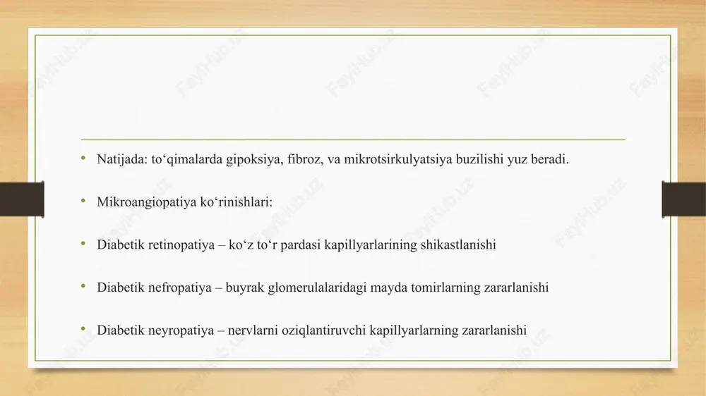 ar (furosemid, torasemid). 5. terminal bosqichda: gemo- yoki peritoneal dializ, buyrak transplantatsiyasi. profilaktika qandli diabetni erta aniqlash va davolash har 6 oyda mikroalbuminuriya nazorati arterial bosim va lipidlarni muntazam tekshirish sog‘lom turmush tarzi (ovqatlanish, jismoniy faollik, chekishni tashlash) image5.png image6.png image7.png image8.png image9.png image10.png image11.png image12.png image3.png image4.png /docprops/thumbnail.jpeg