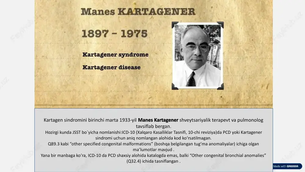 sindromini aniqlashda asosiy indikator hisoblangan o'ziga xos klinik uchlik (triada) mavjud bo'lib, u kasallikning diagnostik markazi hisoblanadi. bu uchlik quyidagilarni o'z ichiga oladi: situs inversus, surunkali sinusit va bronxoektaziya. ushbu belgilarning birgalikda namoyon bo'lishi kartagener sindromiga shubha qilish uchun kuchli asos bo'lib xizmat qiladi, ayniqsa pediatrik bemorlarda. 1 situs inversus situs inversus – bu ichki organlarning (yurak, o'pka bo'laklari, jigar, taloq, ichaklar) normal joylashuviga teskari akslanishi. masalan, yurak odatda ko'krak qafasining chap tomonida joylashadi, ammo situs inversus totalis holatida u o'ng tomonga siljigan bo'ladi (dekstrokardiya). bu anomaliya kirpiklar funksiyasining embrion rivojlanish bosqichida buzilishi natijasida kelib chiqadi, chunki kirpiklar embrionning chap-o'ng assimetriyasini belgilashda muhim rol o'ynaydi. situs inversus kartagener sindromi bilan og'rigan bemorlarning taxminan 50%da kuzatiladi va bkdning boshqa turlaridan farqlashda asosiy omil bo'lib xizmat qiladi. bu holat ko'pincha rentgen yoki uzi tekshiruvlari orqali tasodifan aniqlanadi. 2 surunkali sinusit surunkali sinusit burun bo'shlig'i va paranazal sinuslarning shilliq qavatining doimiy yallig'lanishi bilan …