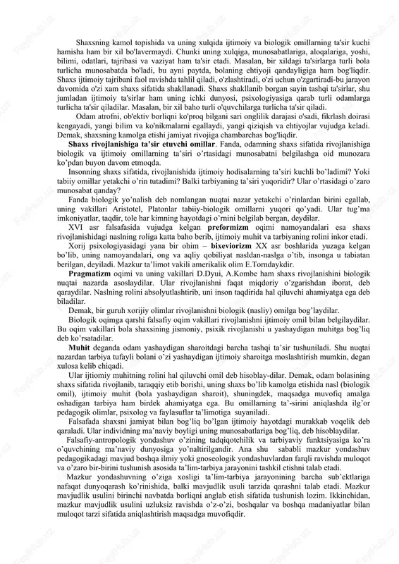 va o’spirinlik yillarida kamol topishi yaqqol ko’zga tashlanadi. rivojlanishning o’zi nima? rivojlanish inson shaxsining tarkib topish jarayonidir. rivojlanish uzaro uzviy boglik kator bosqichlarda amalga oshadi. bola aql zakovatining kursatkichi, sifati, xarakteri uning atrofdagi odamlar bilan kundalik munosabatlari va amaliy faoliyatida vujudga keladi. uzaro ta’sir (savol-javob) natijasida unda aqlning ijodiy maxsuldorligi, teranligi, tezligi orta boradi. hozirgi davrda insonning rivojini yanada jadallashtiruvchi vositalar mavjud va uning aqliy usish darajasini test sinovlari bilan aniklash mumkin. rivojlanish shaxsning fiziologik va intellektual o’sishida namoyon bo’ladigan miqdor va sifat o’zgarishlar mohiyatini ifoda etuvchi murakkab jarayondir. rivojlanish mohiyatan oddiydan murakkabga, quyidan yuqoriga, eski sifatlardan yangi holatlarga o’tish, yangilanish, yangining paydo bo’lishi, eskining yo’qolib borishi, miqdor o’zgarishining sifat o’zgarishiga o’tishini ifodalaydi. rivojlanishining manbai qarama-qarashliklarni o’rtasidagi kurashdan iboratdir. bola shaxsining rivojlanishi inson ijtimoiy mavjudotdir degan falsafiy ta’limotga asoslanadi. ayni vaqtda inson tirik, biologik mavjudot hamdir. demak, uning rivojlanishida tabiat rivojlanishining qonuniyatlari ham muhim ahamiyatga ega. shuningdek, shaxs bir butun …
