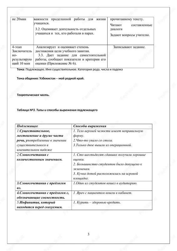 delannoy raboti dlya jizni uchashixsya. 3.2. otsenivaet deyatelnost otdelnix uchashixsya i tex, kto rabotali v parax. rabotayut v parax: sostavlyayut dialogi po prochitannomu tekstu. chitayut sostavlennie dialogi zadayut voprosi uchitelyu. 4-etap zaklyuchitelno-rezultiruyushiy 10 min analiziruet i otsenivaet stepen dostijeniya tseli uchebnogo zanyatiya. 3.3. daet zadanie dlya samostoyatelnoy raboti, soobshaet pokazateli i kriterii ego otsenki (prilojenie № 6). zapisivayut zadanie. tema: podlejashee. imya sushestvitelnoe. kategoriya roda, chisla i padeja tema obsheniya: uzbekistan – moy rodnoy kray. teoreticheskaya chast. tablitsa №3. tipi i sposobi virajeniya podlejashego podlejashee sposobi virajeniya 1.sushestvitelnoe, mestoimenie i drugie chasti rechi, upotreblennie v znachenii sushestvitelnogo v imenitelnom padeje 1. telo verxney chelyusti imeet nepravilnuyu formu. 2.chto-to upalo so stola. 3.tolko dvoe vishli iz operatsionnoy. 2.slovosochetaniya s kolichestvennim znacheniem. 1. sto shestdesyat sdavshix poluchili xoroshie otsenki. 2. bolshinstvo studentov bilo dopusheno k ekzamenam. 3. kuchka detey raspolojilas na igrovoy ploshadke. 3.slovosochetaniya s predlogom iz. 1.odin iz studentov voshel v …