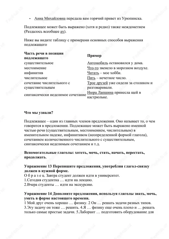 u rechi (sushestvitelnim, mestoimeniem, chislitelnim) v imenitelnom padeje, infinitivom (neopredelennoy formoy glagola), sochetaniem kolichestvennogo chislitelnogo s sushestvitelnim, sintaksicheski nedelimim sochetaniem i t.d. vspomogatelnie glagoli: xotet, moch, stat, nachat, perestat, prodoljat. uprajnenie 13 perepishite predlojeniya, upotreblyaya glagol-svyazku doljen v nujnoy forme. o b r a z e ts. zavtra student doljen idti v universitet. 1.segodnya studentka … idti na lektsiyu. 2.vchera studenti … idti na ekskursiyu. uprajnenie 14 dopolnite predlojeniya, ispolzuya glagoli znat, moch, umet v forme nastoyashego vremeni. 1 moy drug ochen xorosho … fiziku. 2 on … reshat zadachi raznix tipov. 3.etu zadachu on toje … reshit. 4.ya … fiziku eshe ochen ploxo i … reshat tolko samie prostie zadachi. 5.laborant … podgotovit oborudovanie dlya provedeniya eksperimentov. 6.dlya provedeniya etoy reaktsii on … polzovatsya vityajnim shkafom. skazuemoe naryadu s podlejashim yavlyaetsya elementom grammaticheskoy osnovi predlojeniya. skazuemoe oboznachaet deystvie, kotoroe vipolnyaet sub'ekt, a takje ego sostoyanie ili priznak, sledovatelno, skazuemoe …