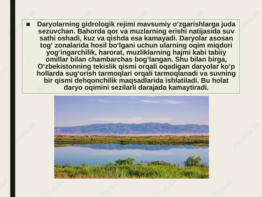 rayonlarini kamaytiradi. ular yo‘qolgan joylarda esa yomg‘ir suvi bevosita oqib tushadi va sel hodisalariga sabab bo‘ladi. tentirob oqishning yana bir sababi — global iqlim o‘zgarishi natijasida muzliklarning erish jarayonining tezlashuvidir. tog‘ muzliklarining kamayishi daryo suv manbalarining kamayishiga, suvning mavsumiy taqsimlanishida nomutanosiblikka sabab bo‘lmoqda. tentirob oqishning oqibatlari va uni boshqarishning ilmiy-amaliy yo‘llari o‘zbekiston daryolarida tentirob oqish jarayoni kuchayib borayotgani nafaqat ekologik, balki iqtisodiy va ijtimoiy muammolarni ham keltirib chiqarmoqda. avvalo, bu jarayon natijasida suv resurslari notekis taqsimlanadi — ayrim hududlarda suv ortiqcha bo‘lsa, boshqalarida esa yetishmovchilik kuzatiladi. suv tanqisligi dehqonchilik, chorvachilik, sanoat va ichimlik suvi ta’minotiga bevosita ta’sir ko‘rsatadi. shu bilan birga, daryolarning yo‘nalishi o‘zgarib turgani sababli ba’zi joylarda sohil eroziyasi kuchayadi, yer unumdorligi pasayadi, infratuzilmalar zarar ko‘radi. tentirob oqishning ekologik oqibatlari ham jiddiydir. daryo bo‘ylaridagi tabiiy ekotizimlar, o‘rmonlar, botqoqliklar va suv-baliq resurslari beqaror holatga tushadi. orolbo‘yi mintaqasida bu jarayon o‘zining eng keskin shaklida namoyon bo‘lib, suv sathi pasayishi va shamol …
