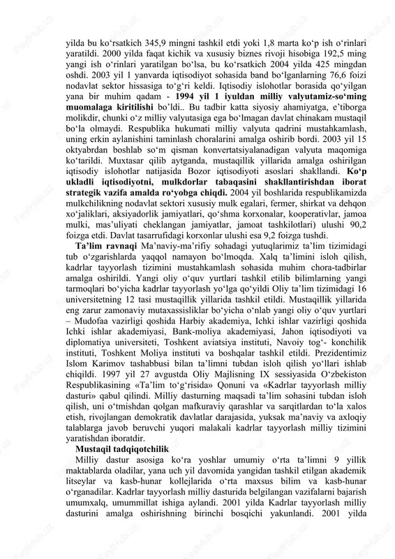 o‘l va ombor xo‘jaligi tuzilmalari yaratildi. xo‘jalik yurituvchi sub’ektlar uchun xizmat qiluvchi 58 ta tovarlar va xomashyo birjalari, 24 ta biznes inkubator, 496 ta auditorlik va konsalting firmalari, ko‘plab savdo uylari, auksionlar, tijoratchilik idoralari, reklama firmalari, savdo-sotiq va ularni nazorat qiluvchi davlat muassasalari tashkil etildi. bozor munosabatlarini rivojlantirishda axborot infratuzilmasi alohida ahamiyatga ega. shu boisdan iqtisodiy faoliyat uchun zarur bo‘lgan axborotlar, xabarlar va ma’lumotlarni to‘plovchi, umumlashtiruvchi vositalar, firmalar vujudga keldi. xo‘jalik yurituvchi sub’ektlarni moliya-kredit munosabatlariga xizmat qiluvchi infratuzilma - yangi bank tizimi, o‘z-o‘zini kreditlash idoralari, sug‘urta kompaniyalari, moliya kompaniyalari, soliq undirish idoralari, pul jamg‘armalari yaratildi. bozor iqtisodiyotiga xizmat qiluvchi bank-moliya tizimi yaratildi. 2002 yildanda 37ta bank, shu jumladan 13 ta xususiy bank faoliyat ko‘rsatdi. banklarning 17 tasi dunyodagi eng nufuzli banklar bilan korrespondentlik aloqalari o‘rnatgan. respublikada davlat ishtirokida tuzilgan bozor munosabatlariga xizmat qiluvchi «kafolat», «agrosug‘urta», «o‘zbekinvest» kabi yirik sug‘urta kompaniyasi faoliyat ko‘rsatmoqda. ko‘plab xususiy sug‘urta kompaniyalari, shuningdek, xorijiy mamlakatlar bilan …