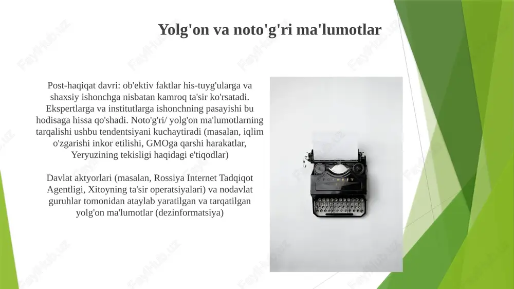 asalan, aqsh, braziliya) saylovlarga ta'sir qildi neyrolingvistik dasturlash (nlp) usullari kognitiv xatolar (tasdiqlash xatosi, mavjudlik evristikasi)dan foydalanib, propaganda tarqatib, sharqiy yevropa (rossiya, ukraina) va janubi-sharqiy osiyo (filippin) kabi hududlarda ovoz berish tizimlariga ta'sir qiladi. hissiy murojaatlar mantiqiy dalillardan ustun kelib, institutlarga (om, hukumat) ishonchni pasaytiradi. post-haqiqatga qarshi kurash ijtimoiy media kompaniyalarida (meta, google, twitter) algoritmik shaffoflikni rivojlantirish muhim. bu kontent moderatsiya amaliyoti va algoritmlar ta'sirini ommaviy ma'lumotlar to'plamlarida aks ettirishni o'z ichiga oladi. yevropa ittifoqining gdpr va kaliforniyaning ccpa qonunlari ma'lum asos yaratadi qonunlar, ayniqsa xorijiy aralashuvlarni (masalan, 2016 yilgi aqsh prezident saylovi) o'z ichiga olgan ataylab yolg'on ma'lumot tarqatish kampaniyalariga qarshi kurashni kuchaytirish kerak. jinoyatchilarni aniqlash va ta'qib qilishda xalqaro hamkorlik (bmt, nato) muhim ahamiyatga ega post-haqiqat ta'rifi tekshirilgan dalillarni rad etish bilan tavsiflanadigan post-haqiqat siyosati, aniqlikka qaraganda hissiy ta'sir va voqea rivoji uyg'unligiga ustun qo'yadi post-haqiqat ta'siri siyosatdan tashqariga ham cho'zilmoqda. sog'liqni saqlash (vaktsinaga qarshi harakatlar), ilmiy konsensus …