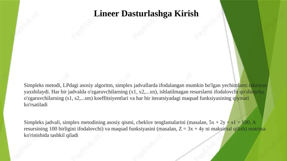 . qatorlar tengsizlik cheklashlari uchun qo'shimcha o'zgaruvchilarni o'z ichiga olgan cheklashlarni ifodalaydi. ustunlar o'zgaruvchilarni ifodalaydi, oxirgi ustun esa o'ng tomondagi qiymatlarni ko'rsatadi degeneratsiya va sikl simpleks metodining samaradorligiga degeneratsiya ta'sir qiladi. tsikldan qochish strategiyasi sifatida bland qoidasi (eng kichik indeksli o'zgaruvchini tanlash) yoki simplex jadvaldagi qatorlarning leksikografik tartiblashuvi qo'llaniladi simpleks jadval iteratsiyalari asosiy ustun (eng manfiy kamaytirilgan narx) va asosiy qator (minimal nisbat testi) atrofida aylanish amallarini o'z ichiga oladi. har bir iteratsiya maqsad funksiyasi qiymatini, yechim qiymatlarini (x1, x2,...xn) va bo'sh/ortiqcha o'zgaruvchilarni (s1, s2,...sm) yangilaydi simpleks metodida degeneratsiya bir yoki bir nechta asosiy o'zgaruvchilarning qiymati nolga teng bo'lganda yuz beradi. bu sikllashga olib kelishi mumkin, bunda simpleks algoritmi optimal yechimga erishmasdan bir xil bazalar ketma-ketligini takrorlaydi lpv ning standart shakli oddiy simpleks jadvallari yechimlar va cheklashlarni tizimli ravishda kuzatib boradi. har bir jadval koeffitsiyent matritsasini (a), qaror o'zgaruvchilarini (x), resurs vektorini (b), maqsad funksiyasi koeffitsiyentlarini (c) va bo'sh/ortiqcha o'zgaruvchilarni …