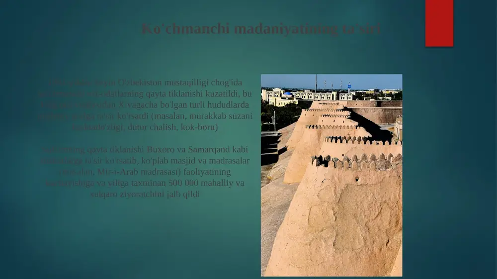 tda diniy amaliyot va ta'limni boshqarib, 35 millionlik o'zbekiston aholisining 90% dan ortig'ining ma'naviy hayotida muhim rol o'ynaydi. madaniy uyg'onish va milliy g'oya o'zbek millati o'zbek tilining qayta tiklanishiga, ta'lim islohotlari va ommaviy axborot vositalarining targ'iboti orqali rasmiy maqomini mustahkamlashga olib keldi islom an'analarini tiklashga va dunyoviy ta'sirlarga moslashishga qaratilgan ma'naviy taraqqiyot, 7 milliondan ortiq talabani o'qitgan zamonaviy ta'lim tizimlari bilan birga madrasalarning qayta tiklanishida namoyon bo'ladi. mustaqillikdan keyin faol masjidlar soni 300% ga oshdi va turli islom mazhablari vakillariga xizmat qildi. o'zbek tili va adabiyotini rivojlantirish oʻzbekistonning mustaqilligi (1991) oʻzbek tilini ustuvor qilib, taʼlimda, ommaviy axborot vositalarida (1989 yildan boshlab) va toshkent, samarqand, buxoro kabi 12 ta maʼmuriy viloyatda davlat boshqaruvida rus tilini almashtirdi din erkinligi va madaniy merosni saqlash islom san'ati, adabiyoti va falsafasi, shuningdek, dunyoviy intellektual faoliyatning rivojlanishiga olib keldi ipak yo'li merosi va ta'siri o'zbekiston madaniy o'zligini buyuk ipak yo'li boyitib, san'ati, me'morchiligi (masalan, shohizinda majmuasining …