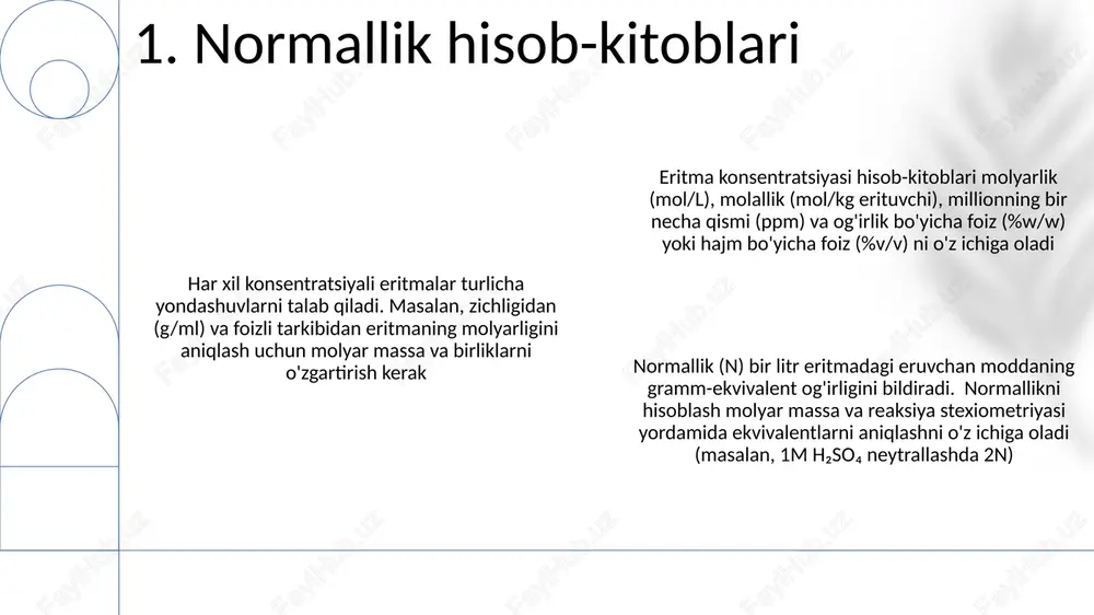 o'zgarishlarni o'z ichiga oladi. masalan, 1 litr suvda 20 ppm nacl (molekulyar og'irligi 58,44 g/mol) ni molyarlikka o'tkazish uchun nacl molini (20mg/58,44 g/mol) hisoblash va 1 litrga bo'lish kerak 1 ppm 1 mg eruvchi modda/1 kg eritma ≈ 1 mg/l eritma; suv namunalarini tahlil qilish (masalan, 1000 l quduq suvida 5 ppm qo'rg'oshin 5 mg qo'rg'oshin demakdir) 6. millionning bir necha qismi (mnbq) 0.2 n h₂so₄ eritmasi 25 ml 0.1 n koh bilan reaksiyaga kirishib, ekvivalent nuqtaga (0.1 n koh)(25 ml)/(0.2 n h₂so₄) = 12.5 ml h₂so₄ da erishiladi. kislota-asos titrlash molyarlik (mol/l) hisob-kitoblaridan foydalanadi. 25,00 ml naoh eritmasi (0,100 m) 20,00 ml noma'lum hcl eritmasini neytrallashtiradi. stoxiometriya (1:1 mol nisbati) hcl konsentratsiyasini aniqlaydi: (0,100 m naoh)(25,00 ml)/(20,00 ml) = 0,125 m hcl suyuqlantirish hisob-kitoblari juda muhim. parijdagi laboratoriyada 2,0 m tayyor eritmadan 500 ml 0,5 m nacl eritmasini tayyorlash uchun m1v1 = m2v2 formulasi qo'llaniladi. v1 ni topish natijasida …