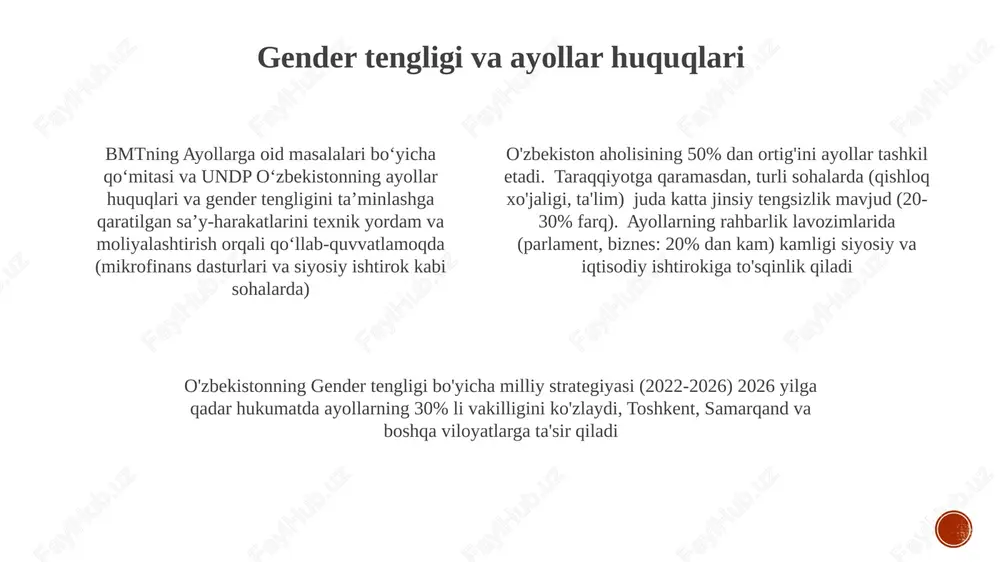 t va diniy ozchiliklar huquqlari millat ozbekiston fuqarolari huquqlarini to'liq ta'minlashda qiyinchiliklar saqlanib qolmoqda: ba'zi chekka hududlarda ta'lim va tibbiyot xizmatlariga kirish cheklangan; jamoat joylarida dinni erkin e'lon qilishga cheklovlar; farg'ona vodiysida va qoraqalpog'istonda ishga joylashish va ijtimoiy ko'tarilishga ta'sir qiluvchi potentsial ijtimoiy tarafkashlik hukumat tashabbuslari inklyuzivlikka qaratilgan: o'zbek, rus va boshqa tillarni o'rganish dasturlari; diniy bag'rikenglik kampaniyalari; diskriminatsiyaga qarshi qonunlar va ularning qo'llanilishi rivojlanmoqda o'zbekiston konstitutsiyasi (1992, 2019-yilda o'zgartirilgan) 130 dan ortiq etnik guruh (o'zbeklar, ruslar, qozoqlar, tojiklar, qoraqalpoqlar va boshqalar) hamda toshkent, samarqand, buxoro kabi hududlarda ko'plab diniy jamoalarga (islom, pravoslav xristianligi, katoliklik, protestantizm, yahudiylik, bahoiylik) huquqlarni kafolatlaydi adolatga kirish va adolatli sud jarayoni 2022-yilgi o'zbekiston konstitutsiyasi islohotlari sud mustaqilligini mustahkamlashga qaratildi, 15 milliondan ortiq fuqaroni (toshkent va samarqand shu jumladan 12 viloyatda) qamrab olgan adolatli sud jarayoni huquqlarini (huquqiy yordamga kirish, gumonsizligning prezumpsiyasi) kafolatlovchi 24-26-moddalarga ta'sir ko'rsatdi o'zbekiston qamoqxonalarida 70% dan ortiq mahbus sudgacha uzoq muddat hibsda …