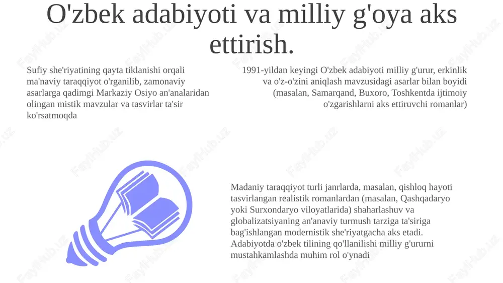 gastrol safarlarida bo'lib, millionlab odamlarga o'zbek madaniy merosi boyligini namoyish etdilar masjidlar, madrasalar (masalan, buxoro mir-i-arab madrasasi) va sufiy ziyoratgohlari (buxoro bahauddin naqshband ziyoratgohi kabi) tiklandi, islom amaliyotlari qayta jonlandi va markaziy osiyo va undan tashqaridan ziyoratchilarni jalb qildi ayollarning madaniy va ma'naviy hayotdagi roli o'zbekistonning 1991-yildan keyingi mustaqilligi davrida, asosan ayollar tomonidan amalga oshirilayotgan an'anaviy hunarmandchilik, masalan, ikat to'qish (marg'ilon, namangan) va gilam to'qish (buxoro, xiva) qayta tiklandi va mamlakatning madaniy va iqtisodiy rivojlanishiga katta hissa qo'shdi o'zbekistonning sufi an'analarida (naqshbandiya, ya'saviy) ayollar ishtiroki an'anaviy ravishda erkaklar tomonidan boshqarilgan bo'lsa-da, mahalliy masjidlarda (toshkent, samarqand) va jamoat yig'ilishlarida ayollar ishtiroki ortib bormoqda (shaharlarda taxminan 15%, qishloq joylarda esa ko'paymoqda) ayollar ta'limdagi ishtiroki (ayniqsa, boshlang'ich maktablarda o'qituvchilarning 60% dan ortig'ini tashkil qilib) madaniy va ma'naviy taraqqiyotga katta ta'sir ko'rsatdi. savodxonlikni yuksaltirishdagi (hozirgi kunda 99% dan ortiq) va o'zbek tilini (adabiyot, she'riyat va qo'shiqlar orqali) saqlashdagi hissasi muhim ahamiyatga ega madaniy meros …