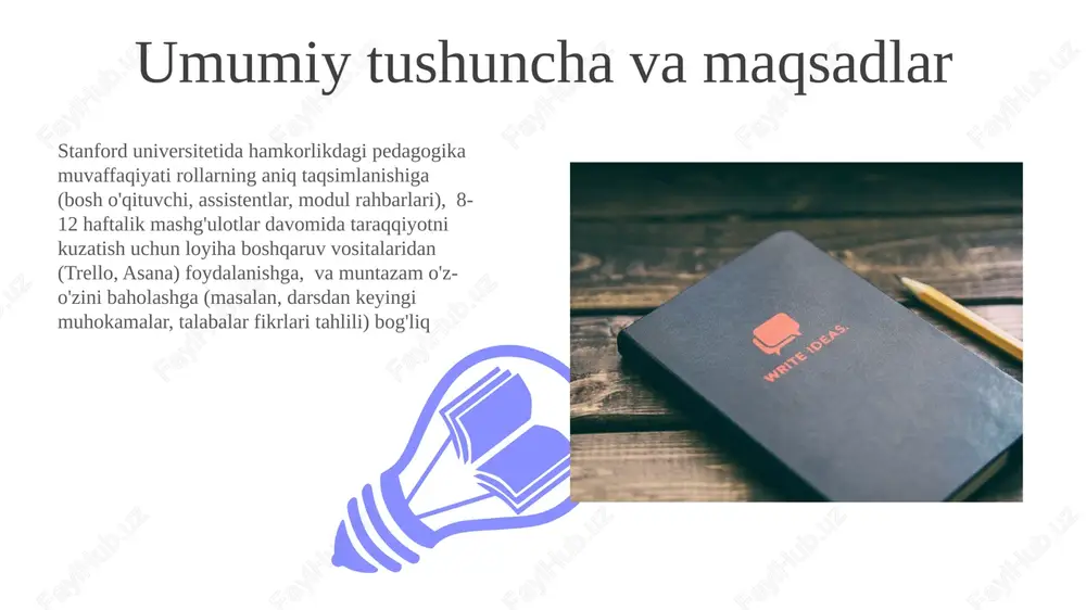 sh baholari va hamkorlikdagi taqdimotlarga o'tmoqda. raqamli vositalar real vaqtda fikr-mulohazalar va avtomatlashtirilgan baholashni (masalan, kahoot!dagi testlar, turnitin orqali topshiriqlarni topshirish) ta'minlaydi texnologiyalarni hamkorlik pedagogikasiga integratsiyasi google workspace (docs, slides, meet) va canvas yoki blackboard kabi o'quv boshqaruv tizimlari (lms) orqali turli xil geografik joylashuvdagi (masalan, onlayn, aralash) ta'lim muhitlarida 21-asr ko'nikmalarini rivojlantirishga yordam beradi tengdosh o'rganish va baholash mitda matematikada (integral va differensial hisob, chiziqli algebra) tushunchalarni o'zlashtirish tuzilgan tengdosh o'qitish mashg'ulotlari (15 talaba 3 guruhga bo'lingan) orqali sezilarli darajada yaxshilandi mikroiqtisodiyot bo'yicha london iqtisodiyot maktabi kursida (3-4 talaba guruhlari) hamkorlik pedagogikasi, taklif va talab egri chiziqlari kabi tushunchalarni chuqurroq anglashga yordam beradi o'z-o'zini baholash va fikr-mulohaza 01 02 o'qituvchilarning samaradorligini oshirishda aks ettirish (masalan, gibbs sikli) turli o'quv muhitlarida (sinf xonalari, onlayn platformalar) talabalardan olingan 360 darajali fikr-mulohazalarni (so'rovnomalar, tengdoshlar baholari) tahlil qilish orqali yordam beradi hamkorlik pedagogikasi, vygotskiyning ijtimoiy-madaniy nazariyasiga asoslanib, tuzilgan o'quv faoliyatlarida (masala yechishga asoslangan …