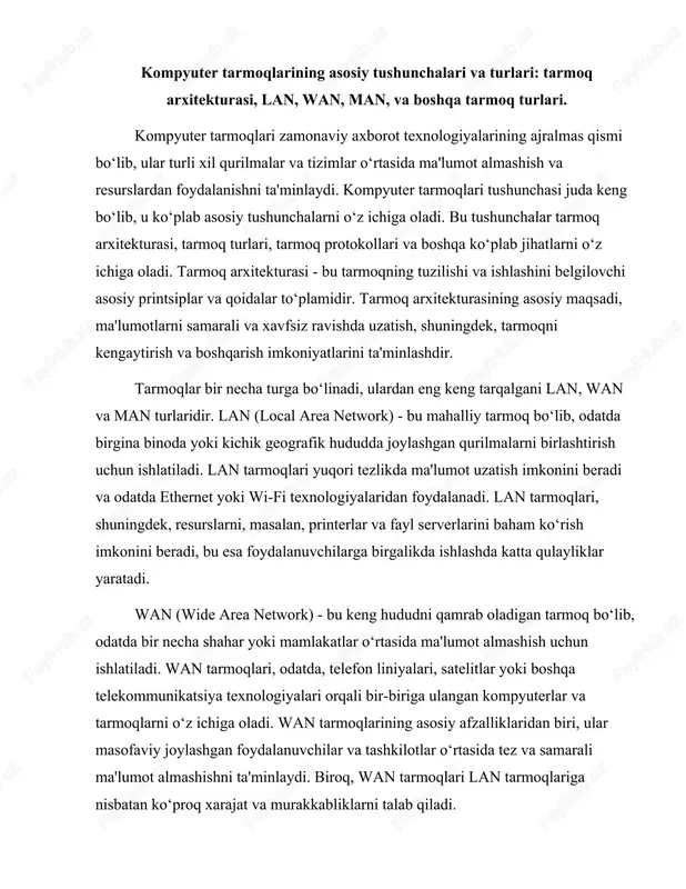 ar bir qurilma ma'lumotlarni uzatish va qabul qilish imkoniyatiga ega. bu turdagi arxitektura kichik tarmoqlar uchun qulay bo‘lib, foydalanuvchilar o‘rtasida bevosita ma'lumot almashishni ta'minlaydi. biroq, peer-to-peer arxitekturasi xavfsizlik va boshqaruv jihatidan mijozi-server arxitekturasiga nisbatan kamroq ishonchli bo‘lishi mumkin. tarmoq protokollari - bu tarmoqdagi qurilmalar o‘rtasida ma'lumot almashish uchun belgilangan qoidalar va standartlar to‘plamidir. tarmoq protokollari, ma'lumotlarni qanday qilib uzatish, qabul qilish va qayta ishlashni belgilaydi. eng mashhur tarmoq protokollari orasida tcp/ip, http, ftp va smtp mavjud. tcp/ip protokoli internetning asosiy protokoli bo‘lib, ma'lumotlarni paketlarga bo‘lish va ularni maqsadga yetkazish uchun ishlatiladi. http (hypertext transfer protocol) - bu veb-sahifalarni uzatish uchun ishlatiladigan protokol bo‘lib, foydalanuvchilarga internetda ma'lumotlarni qidirish va ko‘rish imkonini beradi. ftp (file transfer protocol) - bu fayllarni uzatish uchun ishlatiladigan protokol bo‘lib, foydalanuvchilarga fayllarni yuklash va yuklab olish imkonini beradi. smtp (simple mail transfer protocol) - bu elektron pochta xabarlarini uzatish uchun ishlatiladigan protokol bo‘lib, foydalanuvchilarga xatlarni yuborish va …