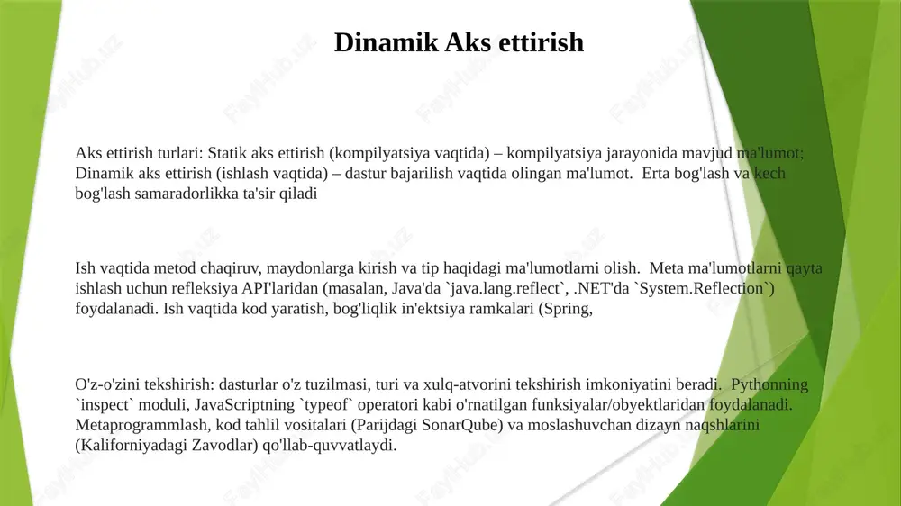 devorlari), yorug'lik turli yo'nalishlarga sochiladi; aniq tasvir hosil bo'lmaydi; turli muhitlarda ko'rish uchun muhim (masalan, xonada 1000 lyumenli yorug'lik bilan yoritilgan buyumlarni ko'rish). retroreflektorlar: maxsus sirtlar (masalan, velosiped reflektorlari, oyda burchak kub reflektorlari, 3 o'zaro perpendikulyar oynadan foydalanib), yorug'lik manbaiga to'g'ridan-to'g'ri qaytadi; yo'l xavfsizligi va geodeziyada (3m scotchlite materiali) ishlatiladi, 500 metr masofada ko'rinishni yaxshilaydi. aks ettirish xavflari o'z-o'zini baholash xatarlari: kognitiv xatolar (tasdiqlash, mavjudlik), noto'g'ri o'z-o'zini anglash (daning-kruger effekti), hissiy stress (masalan, vetnam yoki iroq urush zonalaridagi travma keyingi stress), tahlil falaji tufayli harakatlarning susayishi; davolovchi muassasalarga murojaat qiluvchilarning 20-30% ga ta'sir qiladi. 2 e'tiboringiz uchun rahmat @taqdimot_robot