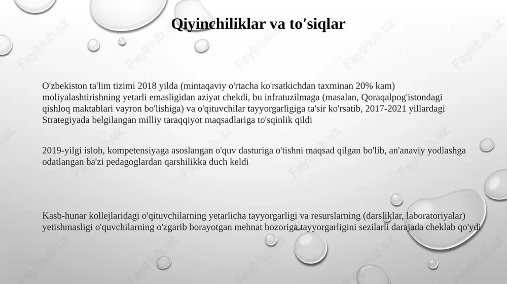 i taʼlim modernizatsiyasiga yaimning taxminan 5%ini ajratdi 2017-yilgi o'zbekiston ta'lim islohotlari stemga ustuvorlik berib, 1200 dan ortiq maktabda yangi o'quv dasturlarini joriy qildi, 14 ta viloyat bo'yicha 2 milliondan ortiq o'quvchini qamrab oldi va raqamli savodxonlik hamda tanqidiy fikrlash ko'nikmalariga e'tibor qaratdi, pisa kabi xalqaro standartlarga moslashtirildi. o'qituvchilarni tayyorlash va rivojlantirish 2017 yildan beri o'zbekistonda 12 ta viloyatdagi 150 000 dan ortiq o'qituvchini qamrab olgan, pedagogik ko'nikmalar va raqamli savodxonlikka yo'naltirilgan o'qituvchilar tayyorlashda katta islohotlar amalga oshirildi (70 dan ortiq o'quv markazlari orqali) 2019-yilgi ta'limni rivojlantirish strategiyasi o'qituvchilar malakasini oshirishga ustuvorlik berdi, ta'lim byudjetining 20%ini (taxminan 500 million aqsh dollari) malaka oshirish dasturlariga ajratdi isloh o'qitishni hammaga ochiq qilishga, 14 viloyatdagi nogiron bolalar bilan ishlaydigan o'qituvchilarni tayyorlashga urg'u berdi ta'limning raqamlashuvi o'tish davri raqamli savodxonlikdagi hududiy farqlar (masalan, qishloq joylari toshkent kabi shahar markazlaridan orqada qolmoqda) kabi qiyinchiliklarga duch kelmoqda. o'qituvchilarni tayyorlash, raqamli resurslardan samarali foydalanish va 50% dan ortiq …