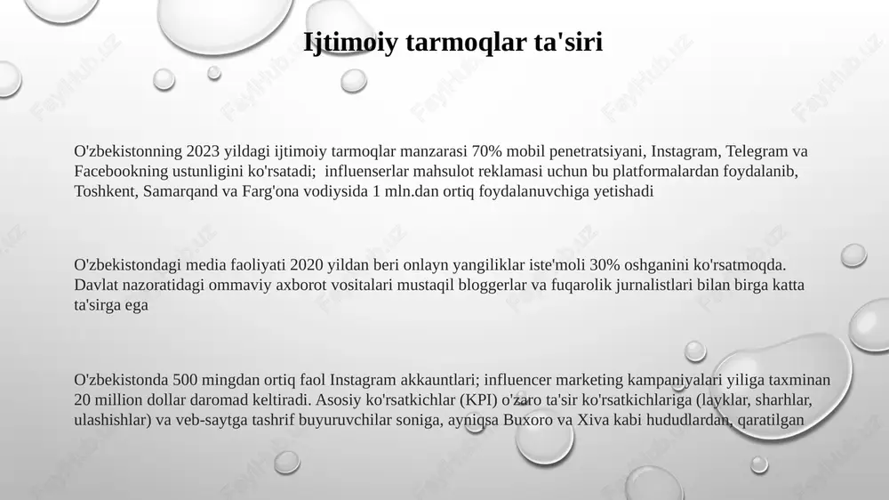 li huquqiy va amaliy cheklashlarga duch keladi hukumat tartibi va senzura oʻzbekistondagi 50 dan ortiq mustaqil yangiliklar saytlari murakkab huquqiy doirasida faoliyat yuritadi va hukumat bayonotlariga moslashish bosimi ostida o'zbekistonning 2023-yilgi media maydoni hukumat nazoratini ustuvor deb biladi; 2019-yilgi "ommaviy axborot vositalari to'g'risida"gi qonun onlayn va bosma jurnalistikani qattiq cheklab qo'ydi, gazeta.uz va kun o'zbekistondagi hukumat sensurasida jinoyat kodeksining 159-moddasi ("yolg'on axborot tarqatish") qo'llanilib, fikr bildirish erkinligiga ta'sir ko'rsatmoqda. 2018-2020 yillar davrida jurnalistlarga bosim kuchayib, bir necha kishi hibsga olindi va nashrlar yopildi; taxminan 15 ga yaqin jurnalist qamoqqa olindi yoki sudga tortildi mediyaning siyosatdagi roli o'zbekistonda ommaviy axborot vositalarining 2022-2023 yillardagi konstitutsiyaviy islohotlar va iqtisodiy liberallashtirish kabi muhim siyosiy munozaralar bo'yicha jamoatchilik fikrini shakllantirishdagi roli katta 2023 yilda raqamli huquqlar fondi onlayn senzura va media cheklovlarining 30 ta holatini hujjatlashtirdi, bu fikr erkinligiga ta'sir ko'rsatdi. hukumat nazorati toshkent va boshqa yirik shaharlardagi universitetlardagi jurnalistika ta'limiga ta'sir ko'rsatib, mustaqil tergov …