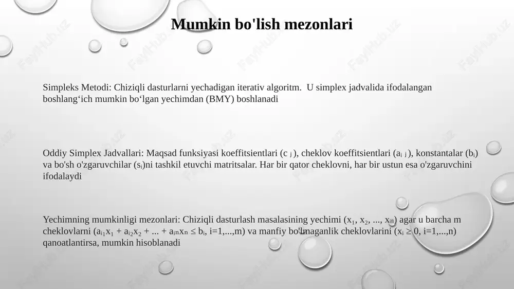 25 x₁=5, x₂=0 da) beradi chiziqli dasturlash masalalaridagi ≤ cheklovlarga qo'shilgan bo'sh o'zgaruvchilar (x₃, x₄ va h.k.) tengsizliklarni (masalan, 2x₁ + 3x₂ ≤ 10) tengliklarga (2x₁ + 3x₂ + x₃ = 10) aylantiradi lineer dasturlashga kirish simpleks metodi, optimal yechimga qadar amalda bo'ladigan yechimlarni takroran yaxshilaydi. u mumkin bo'lgan mintaqaning (cheklashlar bilan belgilangan) burchak nuqtasidan boshlanadi va maqsad funksiyasining qiymatlarini yaxshilash bilan qo'shni burchaklarga o'tadi lineer dasturlash (ld) chiziqli tenglamalar va tengsizliklardan foydalanib, cheklovlarga (masalan, resurslarning cheklanganligi) bo'ysungan holda maqsad funksiyalarini (masalan, foydani maksimalizatsiya qilish, xarajatlarni minimallashtirish) optimallashtiradi. o'zgaruvchilar miqdorlarni (masalan, x mahsulotdan 10 dona, y mahsulotdan 5 dona) ifodalaydi oddiy simplex jadvali (matritsa) qaror olish o'zgaruvchilarining, bo'sh o'zgaruvchilarning (ishlab chiqarish resurslarining ishlatilmagan qismini ifodalovchi), maqsad funksiyasining va o'ng tomon (rhs) qiymatlarining (resurslar mavjudligini ifodalovchi) koeffitsientlarini ko'rsatadi qator almashtirish va operatsiyalar simpleks metodida aylanish tanlash (maqsad qatoridagi eng manfiy element), aylanish satrini (o'ng tomonning musbat aylanish ustun elementlariga nisbati minimal) …