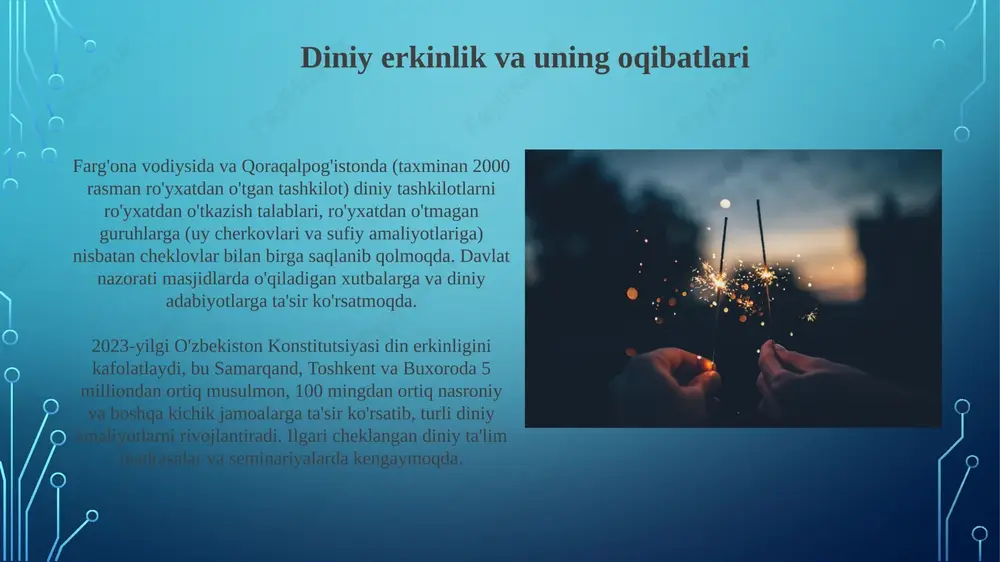 odiga jiddiy tahdid solmoqda. xoʻja ahmad yassaviyga bagʻishlangan ziyoratgohlar xalq an'analarining davom etayotganligini aks ettiradi islomning konservativ talqinlarining oshishi va islomgacha bo'lgan e'tiqodlarning saqlanishi bilan birga, 6-10 million fuqaroning kundalik hayotiga ta'sir ko'rsatadigan ma'naviy o'zgarishlar kuzatilmoqda sufizmning qayta tiklanishi qayta tiklanish yangilangan masjidlar, qadr kechasi kabi diniy bayramlarda ishtirokning ortishi va ko'plab yangi diniy maktablar (madrasalar)ning ochilishi (sufiylik ta'limotini taklif qiluvchi) orqali namoyon bo'lib, 100 dan ortiq tuman va shaharlarda ta'lim va madaniy amaliyotlarga ta'sir ko'rsatmoqda yoshlik va ma'naviyat o'zbekistonning 2023 yildagi yoshlari (15-24 yosh: 7 million) o'zgarib borayotgan ma'naviyatni namoyon qilmoqdalar; an'anaviy islom amaliyoti toshkent va samarqand kabi shaharlarda dunyoviy ta'sirlar bilan birga mavjud. hukumat tashabbuslari 12 viloyatda diniy ta'limga ta'sir ko'rsatuvchi dinlararo muloqotni qo'llab-quvvatlamoqda. davlat tomonidan moliyalashtiriladigan yoshlar dasturlari (masalan, 2022 yildagi "kelajak uchun yoshlar" tashabbusi) 60 dan ortiq markazlarda kasb-hunar ta'limi bilan birga ma'naviy tarbiyani o'z ichiga oladi; ta'siri ijtimoiy-iqtisodiy qatlamlar va geografik joylashuvlar (masalan, qoraqalpog'iston) bo'yicha …