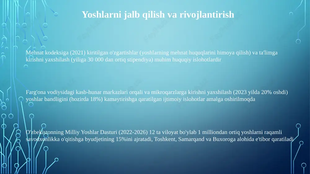 n'anaviy ijtimoiy qadriyatlar qayta tiklandi, qashshoqlik, ishsizlik buxoro kabi shahar va qishloq joylariga ta'sir ko'rsatdi sovet siyosati modernizatsiyaga intilgan bo'lsa-da, an'anaviy ijtimoiy tuzilmalarni buzdi. savodxonlik kampaniyalari savodxonlik darajasini oshirdi, lekin ta'limda sovet ideologiyasi ustuvor bo'ldi. ayollar huquqiy huquqlarga (masalan, ishga joylashish huquqi) ega bo'lishdi, ammo qishloq joylarda patriarxal normalar saqlanib qoldi ta'lim islohotlari tashabbuslari ijtimoiy islohotlar gender tengsizligiga qarshi kurashdi, 2025 yilga qadar oliy ta'limda ayollar vakilligini 50% ga yetkazishni maqsad qildi. 12 viloyatdagi "ayollarni qo'llab-quvvatlash markazlari" minglab ayollarga moliyaviy savodxonlik va tadbirkorlik bo'yicha o'qitish o'tkazdi kamgarlikni kamaytirish dasturlari orasida "yoshlar bandligini ta'minlash dasturi" ham bor edi, unda har yili andijon va namangan viloyatlarida it va turizm kabi sohalarda kasb-hunar ta'limi orqali 10 000 yoshni ish bilan ta'minlandi o'zbekistonning 2017-yilgi ta'lim islohoti kirishni, sifatni va dolzarblikni yaxshilashga, 2020-yilga qadar maktabgacha ta'limga yozilishni 60% ga oshirishga, stem fanlarini mamlakat bo'ylab joriy etishga va toshkent, samarqand va buxoroda kasb-hunar ta'limi dasturlarni kengaytirishga …