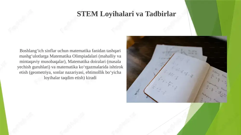 i matematika to'garaklari: ko'pgina boshlang'ich maktablarda geometrik topishmoqlar (tangram, pentomino), fazoviy mantiq o'yinlari (masalan, minoralar qurish, labirintlar) va mintaqaviy yoki milliy miqyosda o'tkaziladigan matematik musobaqalar (matematika olimpiadalari, matematika kenguru) ga qaratilgan maktabdan keyingi matematika to'garaklari mavjud matematika san'ati va dizayni matematika mavzusidagi kodlash/robototexnika mashgʻulotlari (masalan, scratchjr, lego wedo yoki shunga oʻxshash platformalardan foydalanib), muammo yechish, algoritmik fikrlash va geometrik dasturlashni oʻz ichiga oladi matematika to'garagi musobaqalari (masalan, matematika olimpiadalari, kenguru matematika musobaqalari), mantiqiy topshiriqlar va arifmetik vazifalarga qaratilgan. bu musobaqalar, ko'pincha mahalliy maktablar/jamiyat markazlarida o'tkazilib, mamlakat/mintaqaning turli joylaridagi boshlang'ich sinf o'quvchilarida (2-5 sinf) muammo yechish strategiyasi va tanqidiy fikrlashni rivojlantiradi. matematika hikoyalari va ijodiy yozish matematika ko'rgazmalari va namoyishlari talabalar yaratgan matematik modellarning (3d geometrik figuralar, fraktal sanʼat) va maʼlumotlar vizuallashtirishning (diagramma, grafiklar) koʻrgazmalari individual yutuqlarni namoyish etadi. joylar turlicha (maktab yoʻlaklari, jamoat markazlari) matematika olimpiadalari (masalan, tuman, maktab darajasi) geometriya, algebra, ehtimollik kabi matematik tushunchalarni lego, hunarmandchilik buyumlari kabi …