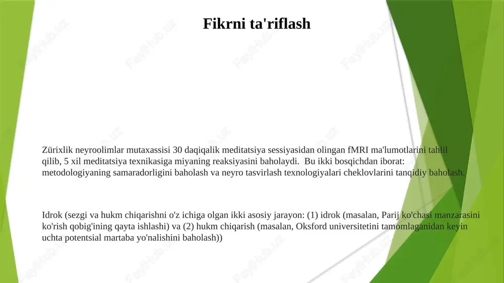 i ko'rsatadi fikr tahlili (masalan, sokrat usuli orqali) taxminlarni shubha ostiga oladi; kognitiv-xulq terapiyasi (kxt) tashvish buzilishlarida (dsm-5 diagnostika mezonlari bo'yicha) keng tarqalgan salbiy fikrlash namunalarini aniqlash uchun fikr yozuvlaridan foydalanadi o'z-o'zini aks ettirishga undovchi savollari (masalan, "nimalarga minnatdormiz?") musbat o'z-o'zini tahlil qilishga yordam beradi; o'z ichiga qarash texnikalari (masalan, tasavvur mashqlari) o'zini anglashga yordam beradi fikrlash jarayonlari sokrat, platon, dekartning introspeksiya va ratsionalizm (aql va mantiq)ga oid falsafiy tadqiqotlari empirik yondashuvlarga qarama-qarshi keladi. pavlov, skinner, votson kabi olimlar kuzatiladigan xulq-atvorga e'tibor qaratib, ichki ruhiy holatlarni inobatga olmagan kognitiv psixologiya (1960-yillardan hozirgacha) inson fikrlash jarayonlarini o'rganadi, ishchi xotirada 7±2 birlik ma'lumotni qayta ishlashni (miller qonuni) o'rganadi, stroop effekti (so'z va rang o'rtasidagi aralashuv) va xanoi minorasi (rejalashtirish va bajarish) kabi muammolarni yechishga ta'sir qiladi o'z fikrlash jarayonlarini anglash va tushunishni o'z ichiga olgan metakognitsiya, o'zini o'zi tartibga solish (kuzatish, boshqarish) orqali o'rganish strategiyasi va o'qish natijalariga ta'sir qiladi aks ettirishning …
