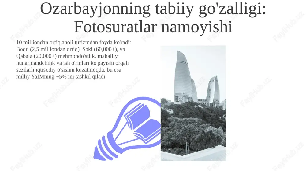 lik joylari hisoblanadi. ozarbayjonning neft va gaz zahiralari 7 milliard barrel va 2 trillion kub metrdan oshadi, yiliga taxminan 50 milliard dollar daromad keltiradi va yaimga sezilarli ta'sir ko'rsatadi. poytaxt baku shahrida bp va socar kabi yirik neft kompaniyalari joylashgan turistlarning iqtisodiy ta'siri ozarbayjon turizmi 2019 yilda taxminan 1,5 milliard dollar daromad keltirdi, 100 mingdan ortiq kishini ish bilan ta'minladi o'zbekistonning strategik joylashuvi turizmni rivojlantiradi; qadimiy madaniy meros obyektlar (masalan, masjidlar, karvonsaroylar) madaniy turizmga hissa qo'shadi. kaspiy dengizi bo'yi plyaj turizmini, bioxilma-xillik zonalari (masalan, hirkan milliy bog'i) ekoturizmni rivojlantiradi turistlikdagi investitsiya imkoniyatlari ozarbayjon turizmi 2022 yilda 18% o'sdi, 2,7 million xalqaro sayyohni jalb qildi; asosiy joylar: boquning qadimiy shahri (yuneskoning jahon merosi ob'ekti), gobuston milliy bog'i (petrogliflar) va sheki (tarixiy saroylar); aholisi: ~10 million; iqtisodiy foydasi: yiliga 2 milliard dollardan ortiq. hukumat tashabbuslari (masalan, viza soddalashtirish) 2025-yilga qadar turizm daromadini 5 milliard dollarga oshirishga qaratilgan. mehmondo'stlik, ekstremal turizm (kavkazda sayohat) …
