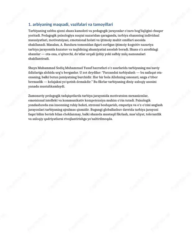 hning omonati, unga e’tibor bermaslik — kelajakni yo‘qotish demakdir.” bu fikrlar tarbiyaning diniy-axloqiy asosini yanada mustahkamlaydi. zamonaviy pedagogik tadqiqotlarda tarbiya jarayonida motivatsion mexanizmlar, emotsional intellekt va kommunikativ kompetensiya muhim o‘rin tutadi. psixologik yondashuvda esa insonning ruhiy holati, stressni boshqarish, empatiya va o‘z-o‘zini anglash jarayonlari tarbiyaning ajralmas qismidir. bugungi globallashuv davrida tarbiya jarayoni faqat bilim berish bilan cheklanmay, balki shaxsda mustaqil fikrlash, mas’uliyat, tolerantlik va axloqiy qadriyatlarni rivojlantirishga yo‘naltirilmoqda. 3. haxs rivojlanishida tarbiyaning o‘rni va ahamiyati tarbiyaning ushbu qismi shaxs kamoloti va pedagogik jarayonlar o‘zaro bog‘liqligini chuqur yoritadi. pedagogik psixologiya nuqtai nazaridan qaraganda, tarbiya shaxsning individual xususiyatlari, motivatsiyasi, emotsional holati va ijtimoiy muhit omillari asosida shakllanadi. masalan, a. bandura tomonidan ilgari surilgan ijtimoiy-kognitiv nazariya tarbiya jarayonida kuzatuv va taqlidning ahamiyatini asoslab beradi. shaxs o‘z atrofidagi shaxslar — ota-ona, o‘qituvchi, do‘stlar orqali ijobiy yoki salbiy xulq namunalari shakllantiradi. shayx muhammad sodiq muhammad yusuf hazratlari o‘z asarlarida tarbiyaning ma’naviy ildizlariga alohida urg‘u berganlar. …
