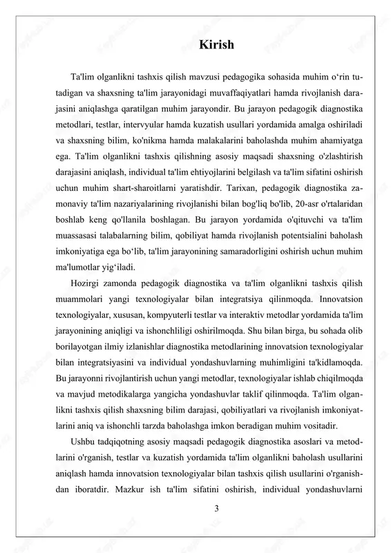 osan testlar, kuzatish, intervyular va baholash shakllaridan iboratdir. har bir metodning o‘ziga xos xususiyatlari va qo‘llash imkoniyatlari mavjud. testlar – bu o‘quvchilarning bilim va qobiliyatlarini aniq va objektiv tarzda baholash uchun ishlatiladigan standartlashtirilgan savolnomalar yoki topshiriqlardir. testlar yordamida o‘quvchining ma’lum bir sohadagi bilim darajasi, qobiliyatlari va malakalari o‘lchanadi. ularning afzalligi shundaki, ular tez va aniq natija beradi, shuningdek, statistik tahlil qilish imkonini yaratadi. kuzatish metodlari – bu o‘quvchi yoki talaba faoliyatini bevosita kuzatish orqali baholashdir. bu usul ta'lim jarayonida shaxsning xatti-harakatlari, muammolar bilan kurashish usullari va o‘ziga xos rivojlanish darajasini aniqlashda samarali bo‘ladi. kuzatish metodining muhim jihati shundaki, u shaxsning faoliyatini tabiiy muhitda baholash imkonini beradi, bu esa uning haqiqiy qobiliyatlari va ehtiyojlarini aniqlashda yordam beradi. intervyular esa o‘qituvchi va o‘quvchi o‘rtasida bo‘lib o'tadigan suhbat shaklidagi baholash usulidir. bu metod yordamida shaxsning fikrlash jarayoni, motivatsiyasi, ehtiyojlari va muammolari aniqroq tushuniladi. intervyu orqali shaxsning ta'lim jarayoniga bo‘lgan munosabati, o‘zlashtirish darajasi va …