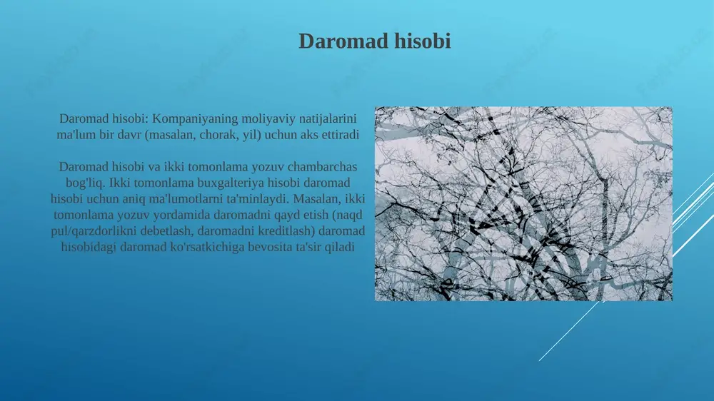 ollari: qarzdorlik yozuvlari (masalan, mahalliy kredit ittifoqidan olingan 15 000 dollarlik qisqa muddatli kredit), to‘lanmagan xarajatlar (masalan, londondagi xodimlarga to‘lanmagan 3000 dollarlik ish haqi) va mijozlar depozitlari (kelajakdagi xizmat uchun saqlangan 2000 dollar) aktivlar hisoblari ikki tomonlama buxgalteriya hisobi hisob tenglamasini (aktivlar = passivlar + kapital) har doim muvozanatda saqlaydi. masalan, birinchi milliy bankdan olingan 1000 dollarlik kredit (passiv) naqd pulni (aktiv) 1000 dollarga oshiradi aktivlar hisobi (masalan, naqd pul $10,000, debitorlik qarzlari $5,000, tovar zaxiralari 1,000 dona @ $10/dona, chikago, ildagi yer uchastkasi $200,000) kompaniyaning qimmatli resurslarini aks ettiradi. ikki tomonlama yozuv har bir operatsiya kamida ikkita hisobni ta'sir qilishini talab qiladi. asosiy buxgalteriya tenglamasi los-anjelesdagi kompaniya mayamidagi yetkazib beruvchidan 500 dollarlik materiallarni kreditga sotib oldi. ikki tomonlama yozuv: debet materiallar (aktiv) 500 dollar, kredit to'lanadigan hisoblar (passiv) 500 dollar. bu tranzaksiya aktivlar va passivlarni teng ravishda oshirib, buxgalteriya tenglamasiga muvofiq muvozanani saqlaydi. asosiy buxgalteriya tenglamasi: aktivlar (masalan, naqd …