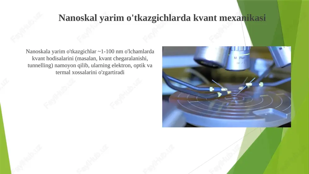 tunligi reaksiyaga kirishishni va sirt holatlarining ta'sirini kuchaytiradi, zaryad tashuvchilarning harakatiga ta'sir qiladi va yuqori samarali quyosh batareyalari kabi qo'llanmalarda qurilma samaradorligini yaxshilash uchun sirt passivlash usullarini (masalan, kremniy dioksid yordamida) talab qiladi. nanoskali yarim o'tkazgichlar o'lchamlari (1-100 nm) tufayli kvant mexanik ta'sirlarni namoyon qiladi, bu esa energiya bo'shlig'i va elektron xossalariga sezilarli ta'sir ko'rsatib, displey larda kvant nuqtalar (masalan, samsung qled televizorlari) va bitta elektronli tranzistorlar kabi qo'llanmalarga ta'sir qiladi. yarimo'tkazgich qurilmalardagi karbon nanotubalar nanoinshootlarning elektron tuzilishi cdse kvant nuqtalari (kn) kabi nanoskali yarim o'tkazgichlar kvantlangan energiya darajalariga ega bo'lib, led va quyosh batareyalari kabi qo'llanmalar uchun muhim bo'lgan noyob optik xususiyatlarga ega. ularning o'lchami emissiya to'lqin uzunligini aniqlaydi va sozlanuvchi optoelektron qurilmalarni yaratishga imkon beradi nanosimlar va ularning xossalari nanosimlar (diametri 1-100 nm bo'lgan silindrsimon tuzilmalar) kvant chegaralanish effektlariga ko'ra noyob elektr, optik va mexanik xususiyatlarga ega; si, gaas, zno nanosimlari keng qo'llaniladi (masalan, nanoelektronika, sensorlar). yarim oʻtkazgich …