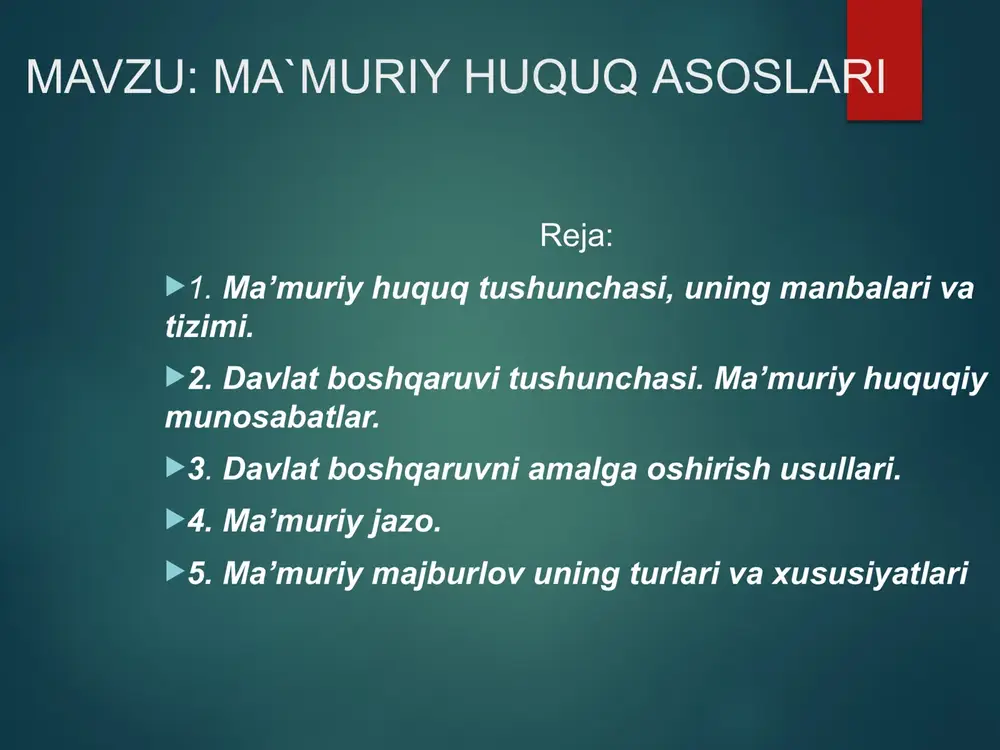 atiga ega bo’lgan shaxslar tortilishi belgilab qo’yilgan. ma'muriy huquqbuzarlikning subyektiv tomoni subyektning g’ayrihuquqiy harakat yoki harakatsizlikka va uning oqibatlariga ruhiy munosabatidan iborat. u qasd yoki ehtiyotsizlik shaklida ifodalanishi mumkin. ma'muriy javobgarlik to’g’risidagi kodeksning 23-moddasida ma'muriy jazoning quyidagi turlari belgilab qo’yilgan: jarima; ma'muriy huquqbuzarlik sodir etish quroli yoki bevosita predmeti bo’lgan narsani pul evaziga olib qo’yish; ma'muriy huquqbuzarlik sodir etish quroli yoki bevosita predmeti bo’lgan narsani musodara qilish; shaxsni unga berilgan maxsus huquqdan (transport vositasini boshqarish huquqi, ov qilish huquqidan) mahrum etish; ma'muriy qamoq.. jarima — ma'muriy huquqbuzarlik sodir etishda aybdor shaxsga belgilanadigan va davlat foydasiga olinadigan pul undirish (mjk 25-moddasi). fuqarolarga belgilanadigan jarimaning eng ko’p miqdori o’zbekiston respub-likasining qonunlarida belgilangan eng kam ish haqining 5 baravaridan, mansabdor shaxslarga esa — 10 baravaridan ortiq bo’lishi mumkin emas. haqini to’lash sharti bilan olib qo’yish — ma'muriy huquq-buzarlikni sodir etish quroli hisoblangan yoki bevosita shunday narsa bo’lgan ashyoni majburiy tarzda tortib olib, uni …