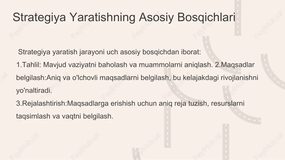 adabiyotlar 1. tursunov, a. m. strategiya yaratishning asosiy bosqichlari. o'zbekiston fanlar akademiyasi, 2022 2. murodov, i. b. maqsadlar va resurslar tahlili: nazariy va amaliy asoslar. o'zbekiston iqtisodiyoti va tadbirkorlik jurnali, 2023 3. xolmatov, d. innovatsion yondashuvlar va ularning strategik rejalashtirishdagi roli. o'zbekiston innovatsiyalari, 2021 4. rahimov, s. strategik rejalashtirishda innovatsiyalarni qo'llash. o'zbekiston moliya va iqtisodiyot jurnali, 2023 5. sodiqov, u. strategiya yaratish jarayoni: tahlil va rejalashtirish. o'zbekiston boshqaruv akademiyasi, 2020 e'tiboringiz uchun rahmat! image1.jpeg image2.png image3.png image4.png image8.jpeg image7.png