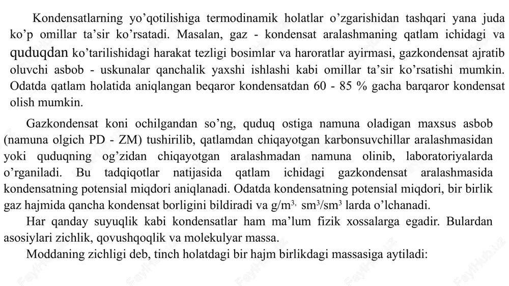 1 1 yonish issiqligi, pasti, mdj/m3 (20 0s va 0,1 mpa sharoitda) 32,5 32,5 32,5 32,5 2. magistral gaz quvuriga uzatiladigan quruq gaz va barqaror kondensatga qo’yiladigan soha standarti talablari. tovar gazga qo’yiladigan talablar: quruq gaz va barqaror kondensat ishlab chiqaruvchi gazkondensat koni asosiy jihozlari. separator (lot. separator – ajratgich) – gazdan suyuq va qattiq zarralarni, suyuqlikdan qattiq zarralarni ajratish, qattiq yoki suyuq aralashmalarni tarkibiy qismlarga ajratish uchun mo’ljallangan qurilma. ishlash prinsipi suyuqlik yoki qattiq jism komponentlarining fizik xususiyatlari (zarrachalarning shakli, massasi, solishtirma og’irligi, magnit xossasi va b.) orasidagi farqqa asoslangan. gaz separatorida, gaz suyuq va qattiq zarralardan tozalanadi. buning gravitatsion (gaz tezligini keskin pasaytirishga asoslangan), siklonli (markazdan qochma kuchga asoslangan) xillari bor. separatorlar konstruksiyasi jihozlari bo’yicha ikki turga bo’linadi: jalyuzali – bunda suyuqlik gazdan yo’nalishini bir necha bor o’zgartirishi hisobiga ajraladi; siklonli – bunda suyuqlik gazdan gravitatsion oqim, gazni aylanma harakati hisobiga ajraladi. geometrik shakliga ko’ra separatorlar uch turga …