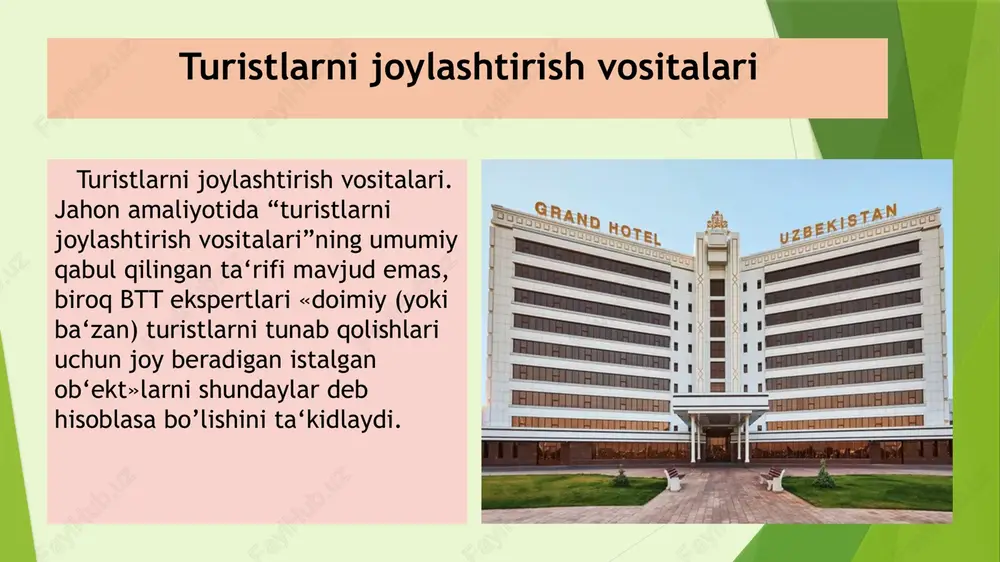 il shakllari bilan farq qiladi. turistik ovqatlanish industriyasiga restoranlar, kafelar, barlar, oshxonalar, tamaddixonalar va boshqalar kiradi. turistik xizmat ko’rsatish texnologiyasida asosiy xizmatlardan biri bu ovqatlantirish hisoblanadi. ovqatlantirish turizm industriyasi o’z ichiga quyidagi ovqatlantirish korxonalari turlarini oladi: 1. restoranlar. 2. kafe. 3. barlar (gril barlari, pivo barlari, foto barlari, kokteyl barlari va boshqalar). 4. oshxonalar. 5. oshxona – fabrikalar. 6. tayyorlov fabrikalari. 7. bufetlar. 8. oziq-ovqat va qandolat magazinlari. shaharlar mehmonxonalarida joylashgan turistlarni ovqatlantirishda xalqaro me’yorlardagi takliflar quyidagicha: a) to‘liq pansion – 3 marta ovqatlanish (nonushta, tushlik, kechki ovqat); b) yarim pansion – 2 marotaba ovqatlanish (nonushta–tushlik, nonushta – kechki ovqat yoki tushlik – kechki ovqat); v) faqat nonushta; g) faqat tushlik; d) faqat kechki ovqatlanish. ovqatlanishda xizmatlar shakli quyidagicha: a) «shved stoli»-o‘z-o‘ziga xizmat. bu usulda restoran yoki oshxonada turli-tuman ovqat xillari tayyorlangan bo‘ladi. turistlar (mijozlar) o‘zlari yoqtirgan ovqat va ichimlik xillarini hoxlaganlaricha (ehtiyojalariga yarasha) olib, eb-ichishlari mumkin. ovqatlanib bo‘lgandan keyin …
