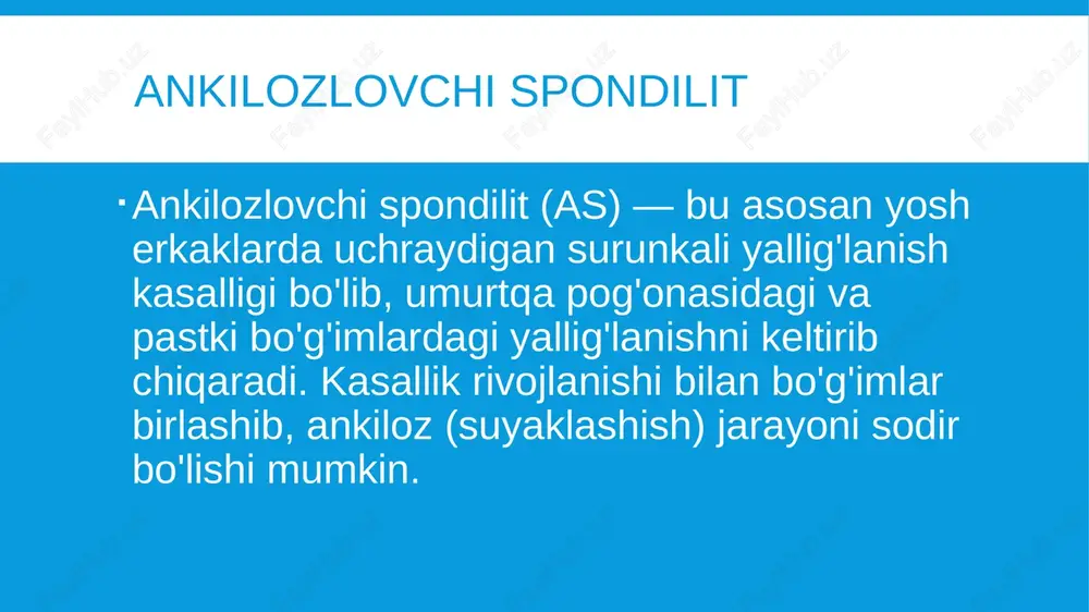 i ko'rinadi. belgi yallig'lanish kasalliklari degenerativ-distrofik kasalliklari boshlanishi ko'pincha yosh yoki o'rta yoshlarda (16-30 yosh) boshlanadi. asosan yoshi ulg'ayganlar yoki ortiqcha yuklamalarda. asosiy jarayon yallig'lanish (autoimmun yoki infeksion). degeneratsiya va bo'g'imlarning o'zgarishi. og'riq va qattiqlik odatiy ravishda ertalab yoki tunda kuchayadi. harakatlanishda og'riq va qattiqlik ko'proq bo'ladi. radiologik belgilar yallig'lanish, bo'g'imlarning torayishi va ossifikatsiya. suyak o'zgarishlari (osteofitlar, disklarning silliqlanishi). davolash umurtqa pog'onasining yallig'lanish va degenerativ-distrofik kasalliklari o'rtasidagi farq image2.jpeg image3.jpeg image4.png image5.png image6.jpeg image7.jpeg image8.jpeg