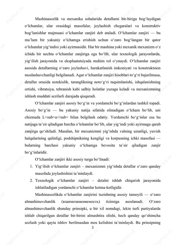 noatda quyidagi tamoyillar qo‘llaniladi: · bo‘g‘inlar sonini minimal qilish; · yuzalarga yuqori aniqlik bilan ishlov berish; · o‘lchov asboblarini kalibrlash; · o‘lchov xatoliklarini hisobga olgan holda loyihalash. o‘lchamlar zanjiri formulalarda ikki turga ajratiladi: qo‘shuvchi va ayiruvchi. agar yakuniy o‘lcham bo‘g‘inlarning yig‘indisidan iborat bo‘lsa, u qo‘shuvchi zanjirga kiradi. aks holda, agar yakuniy o‘lcham bo‘g‘inlarning bir qismini ayirish orqali olinadigan bo‘lsa, u ayiruvchi zanjir turiga mansub bo‘ladi. masalan, quyidagi klassik ko‘rinishdagi zanjirni olaylik: la=l1+l2+l3−l4l_a = l_1 + l_2 + l_3 - l_4la​=l1​+l2​+l3​−l4​ bu yerda l₁, l₂, l₃ — qo‘shuvchi bo‘g‘inlar, l₄ — ayiruvchi bo‘g‘in. yakuniy o‘lcham lₐ esa asosiy bo‘g‘in hisoblanadi. o‘lchamlar zanjiridagi dopusklar hisobida ikki xil yondashuv mavjud: 1. to‘liq o‘zaro almashinuvchanlik usuli (90% hollarda qo‘llanadi) — unda barcha bo‘g‘inlarning dopusklari qattiq me'yoriy chegaralarda belgilanadi. 2. ehtimollik usuli — unda dopusklarning yig‘indi xatoligi statistik asosda baholanadi. to‘liq o‘zaro almashinuvchanlik usuli amaliy jihatdan sodda, aniq va sifat nazoratida ishonchli natija beradi. ayniqsa, …