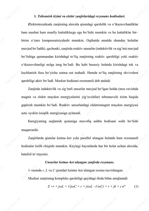 bo'lishi mumkin. zanjirda induktiv va sig'im elementlar bo'lganda zanjirning kirish reaktiv qarshiligi nolga teng bo'lishi mumkin. bunda zanjir aktiv xarakterga ega bo'lib tok bilan kuchlanish orasidagi faza siljish burchagi nolga teng bo'ladi. elektr zanjirlaridagi bu hodisa rezonans deb ataladi. r, l va c elementlari ketma-ket (parallel) ulangan sinusoidal tok zanjirining xususiy chastotasi = 1/ manba kuchlanishining chastotasi ga teng bo'lgandaxl=xc b(bl=bc) va ul=uc , (il=ic) bo'lib, reaktiv elementlardagi kuchlanish (tok)lar modul jihatdan bir-biriga teng hamda manba kuchlanishi (toki) dan bir necha marta ortib ketadi. elektr zanjirlaridagi bu rejim kuchlanishlar (toklar) rezonansi deb ataladi. bu rejimda zanjirning reaktiv quvvati nolga teng bo'ladi. rezonans yuzaga keladigan chastota rezonans chastotasi deb ataladi. elektr zanjirlarida rezonans rejimlaridan elektrotexnikada, radiotexnikada va elektr o'zgartgichlarda keng foydalaniladi. ayrim hollarda esa, zanjirda rezonans hodisasi yuzaga kelishi noqulayliklarni tug'diradi (masalan, uzatish liniyalarida va transformatorlarda kuchlanish va toklarni keskin ortib ketishi o’lchash asboblarini hamda izolyatsiyani ishdan chiqishiga olib keladi). kuchlanishlar …