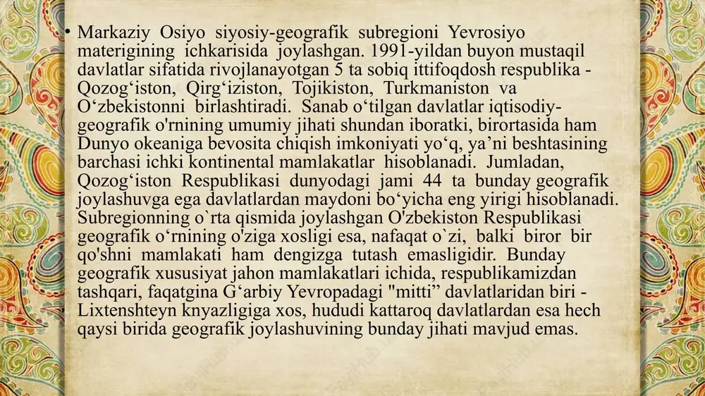 n, o‘zbekiston va qozog'iston alohida ajralib turadi, toshko'mirga qozog'iston, qo`ng‘ir ko‘mirga esa o‘zbekiston boy hisoblanadi. neft-gaz zaxiralari, asosan, kaspiybo`yi pasttekisligi, qoraqum va qizilqum cho'llari, ustyurt platosi hainda tog` oralig'idagi botiqlarda, toshko'mirning eng katia zaxiralari esa qozog'iston past tog'laridagi qarag'anda va ekibastuz ko'mir havzalarida joylashgan. temir, marganes va xrom kabi qora metallarning rudalariga qozog‘iston boy. turli rangli, jumladan qimmatbaho va nodir metallarning yirik konlari esa, turkmanistondan tashqari subregionning barcha davlatlarida mavjud. jumladan. o‘zbekiston oltin, uran, kadmiy, mis, molibden, qozog'iston uran, volfram, molibden, qo‘rg‘oshin, rux, qirg'iziston oltin, simob, surma, tojikiston kumush, uran zaxiralari bo`yicha alohida ajralib turadi. turli mineral tuzlarning ulkan zaxiralariga esa turkmaniston, o'zbekiston va qozog'iston ega. markaziy osiyo davlatlari iqlimining umumiy xususiyatlari mo'tadil va subtropik iqlim jihatlarining turkumlanishi. keskin kontinentalligi va qurg'oqchilligida o'z ifodasini topadi. shu tufayli markaziy osiyo davlatlari hududi asosan cho‘l, chalacho’l va dasht tabiat zonalaridan iborat markaziy osiyo sharoilida qishloq xo'jaligi rivojlanishiga hal qiluvchi ta'sir ko'rsatadigan omil …