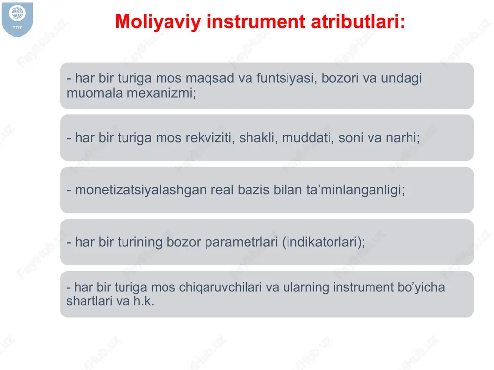 ar. , o’rta muddatli moliyaviy instrumentlar. uzoq muddatli moliyaviy instrumentlar. milliyligi bo’yicha: milliy moliyaviy instrumentlar. xorijiy moliyaviy instrumentlar. xalqaro moliyaviy instrumentlar. moliyaviy instrumenlar tasnifi bazaviy instrumentlarga ulush va qarz munosabatlarini o’zida mujassamlashtiruvchi emissiyalanuvchi (derivativlardan tashqari) va emissiyalanmaydigan qog’ozlar kiradi. bazisli instrumentlar esa derivativlar (hosilaviy qimmatli qog’ozlar) kiradi. iqtisodiy-huquqiy mazmuni bo’yicha: qarz va ulush munosabatlarini moliyaviy instrumentlar. hosilaviy bo’lgan (bazis, muddatli huquq va majburiyatlarni mujassamlashiruvchi) moliyaviy instrumentlar. iqtisodiy-xuquqiy hossalariga ko’ra ikki guruhga ajratish mumkin: bazaviy moliyaviy instrumentalar. bazisli moliyaviy instrumentalar. moliyaviy bozorning mudatli segmentlari moliyaviy bozorlar pul bozori kapital bozori moliyaviy bozor segmentlari pul bozori -qisqa muddatli kreditlar bozori; -qisqa muddatli depozitlar bozori; - qisqa muddatli qimmatli qog'ozlar bozori; - valyutalar bozori; -qisqa muddatli derivativlar bozori. kapital bozori - o'rta va uzoq muddatli kreditlar bozori; - o'rta va uzoq muddatli depozitlar bozori; - o'rta va uzoq muddatli qimmatli qog'ozlar bozori; - investitsiya bozori; - sug'urta bozori; - pensiya bozori; - o'rta …