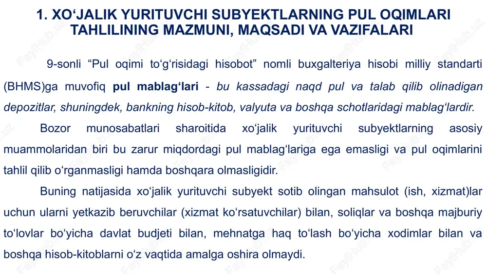 ‘yicha pul mablag‘lari harakati pul tushumlari pul to‘lovlari sotilgan mahsulot (ish, xizmat)lar uchun xaridorlardan olingan pul tushumlari mol yetkazib beruvchilarga to‘lovlar operatsion faoliyatning boshqa pul tushumlari xaridorlarga va ular nomidan to‘langan pul mablag‘lari operatsion faoliyat bilan bog‘liq boshqa to‘lovlar “sharq” fermer xo‘jaligida operatsion faoliyat bo‘yicha pul oqimining tahlili ko‘rsatkichlar satr kirim chiqim summa, ming so‘m salmog‘i, % summa, ming so‘m salmog‘i, % 1. mahsulot (ish, xizmat)larni sotishdan kelib tushgan pul mablag‘lari 010 672375 100 - - 2. material, tovar, ish va xizmatlar uchun mol yetkazib beruvchilarga to‘langan pul mablag‘lari 020 - - 581753 93 3. xodimlarga va ular nomidan to‘langan pul mablag‘lari 030 - - 16423 2 4.operatsion faoliyat bo‘yicha boshqa pul tushumlari va to‘lovlari 040 - - 29681 5 jami: - 672375 100 627857 100 operatsion faoliyat bo‘yicha sof pul kirimi yoki chiqimi 050 44518 7 - - investitsiya faoliyati - pul ekvivalentlariga kiritilmagan uzoq muddatli aktivlar va boshqa …