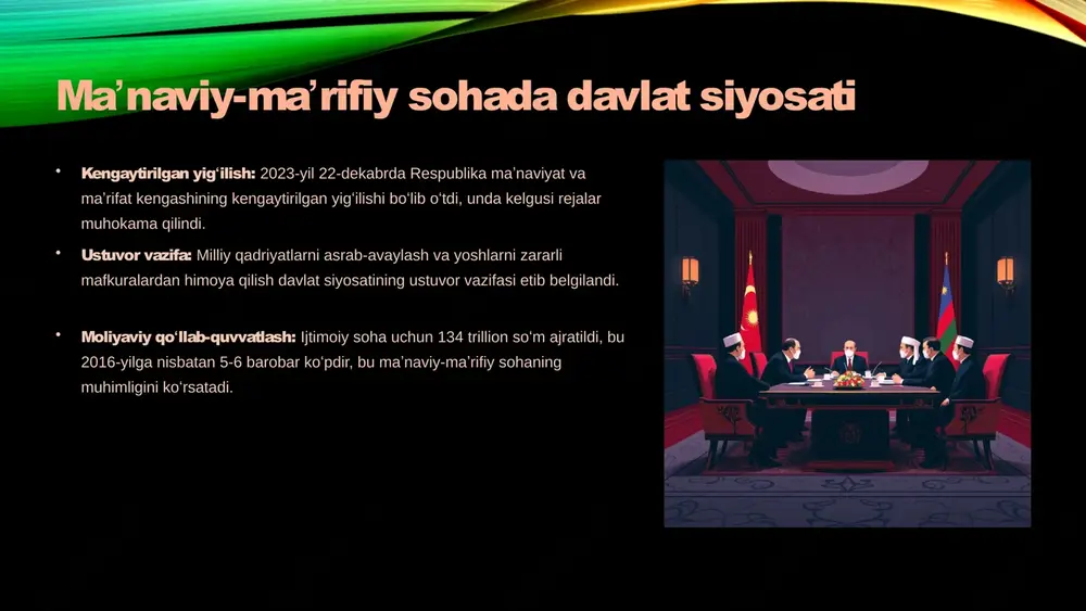 ing mustahkam poydevori boʻlib, barqaror taraqqiyotni taʼminlaydi. tarbiya hamkorligi maʼnaviy tarbiya maktab, oila va mahalla hamkorligida mustahkamlanmoqda, bu yoshlarning har tomonlama rivojlanishiga yordam beradi. 9 xulosa: yangi oʻzbekiston – maʼnaviy uygʻongan, taraqqiyot sari intilayotgan jamiyat islohotlarning qamrovi maʼnaviy islohotlar jamiyatning barcha qatlamlarini qamrab olmoqda, bu umumiy milliy yuksalishga xizmat qiladi. masʼuliyat hissi har bir fuqaro uchinchi renessansning quruvchisi sifatida masʼuliyatni his qilmoqda, bu ularning faolligini oshiradi. barqaror kelajak milliy qadriyatlar, ilm-fan va madaniyat asosida barqaror kelajak sari dadil qadamlar tashlanmoqda. 10 image3.png image4.png image5.png image13.png image14.svg image6.png image7.png image8.svg image9.png image10.png image11.svg image12.png image15.png image16.png image17.png image18.png image19.png image20.png image21.png image22.png image23.svg image24.png image25.svg image26.png image27.svg image28.png image29.png image1.png